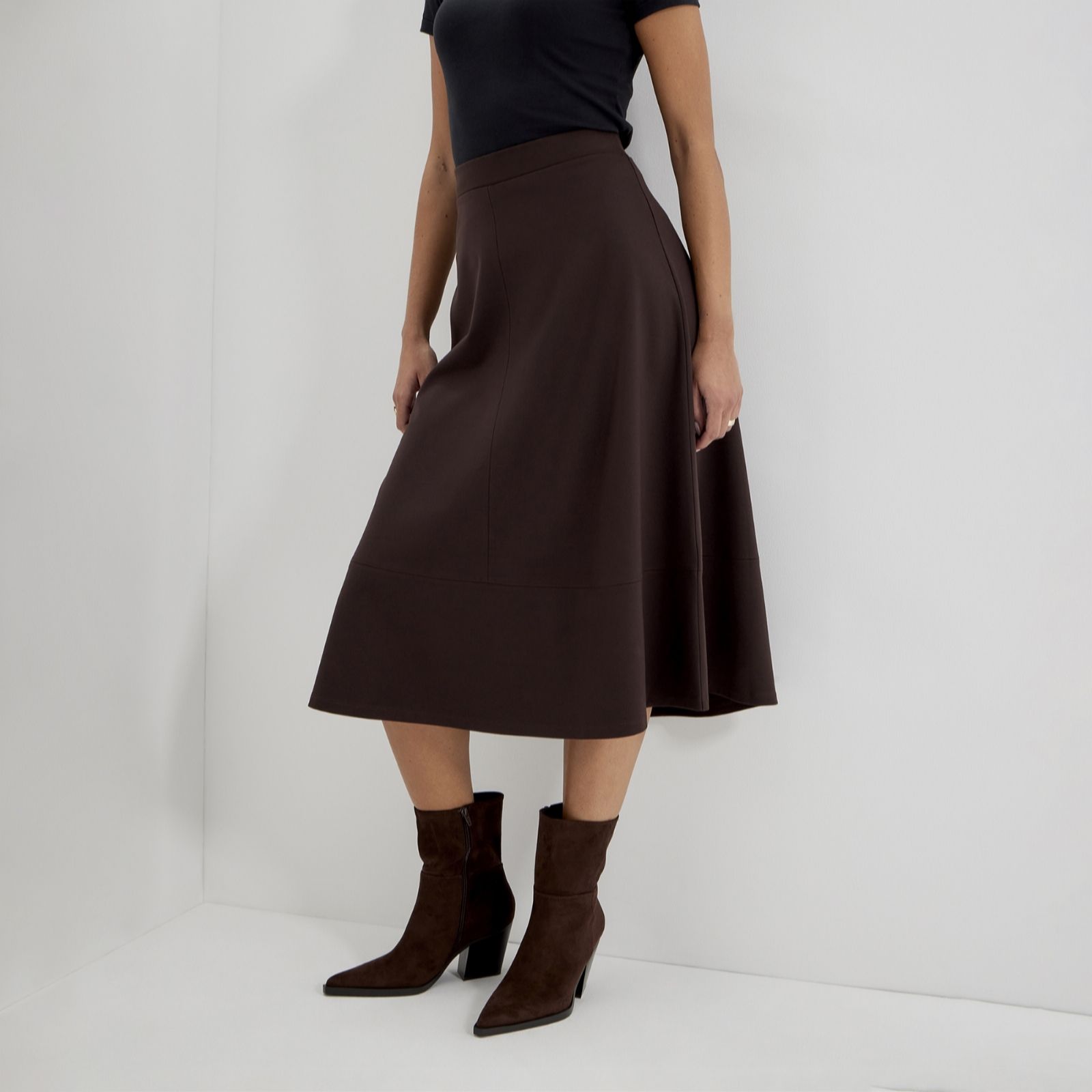 Mikia Chocolate Ponte Jersey Panelled A-Line Midi Skirt Size: 8