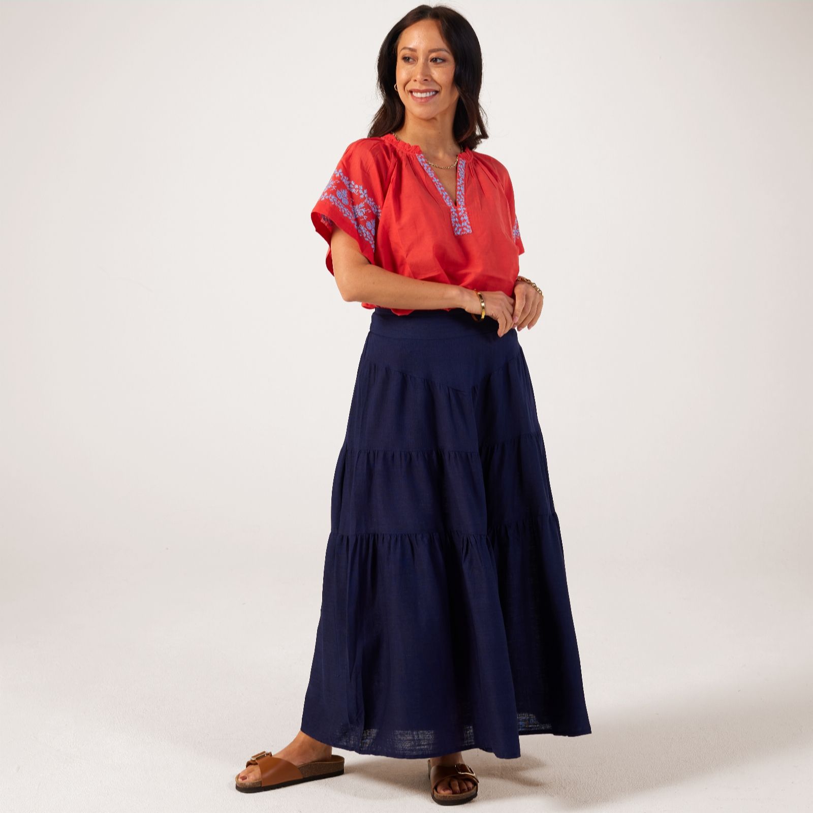 Izabel London Linen Blend Tiered Midi Skirt