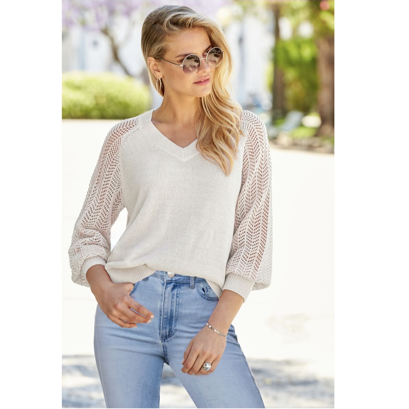 Sosandar Ivory Pointelle Sleeve Jumper