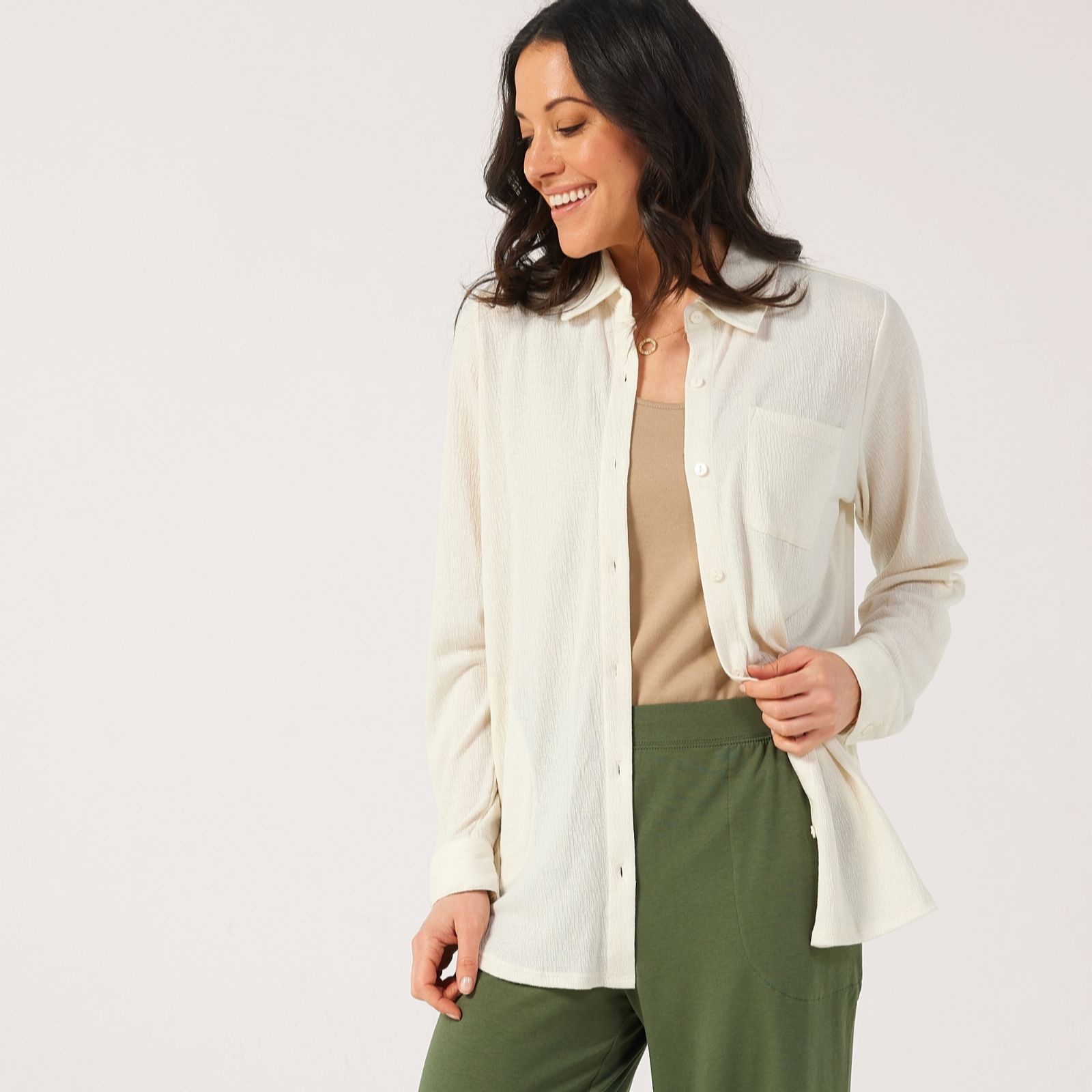 Denim & Co. Deep Pink Linen Blend Button Front Shirt