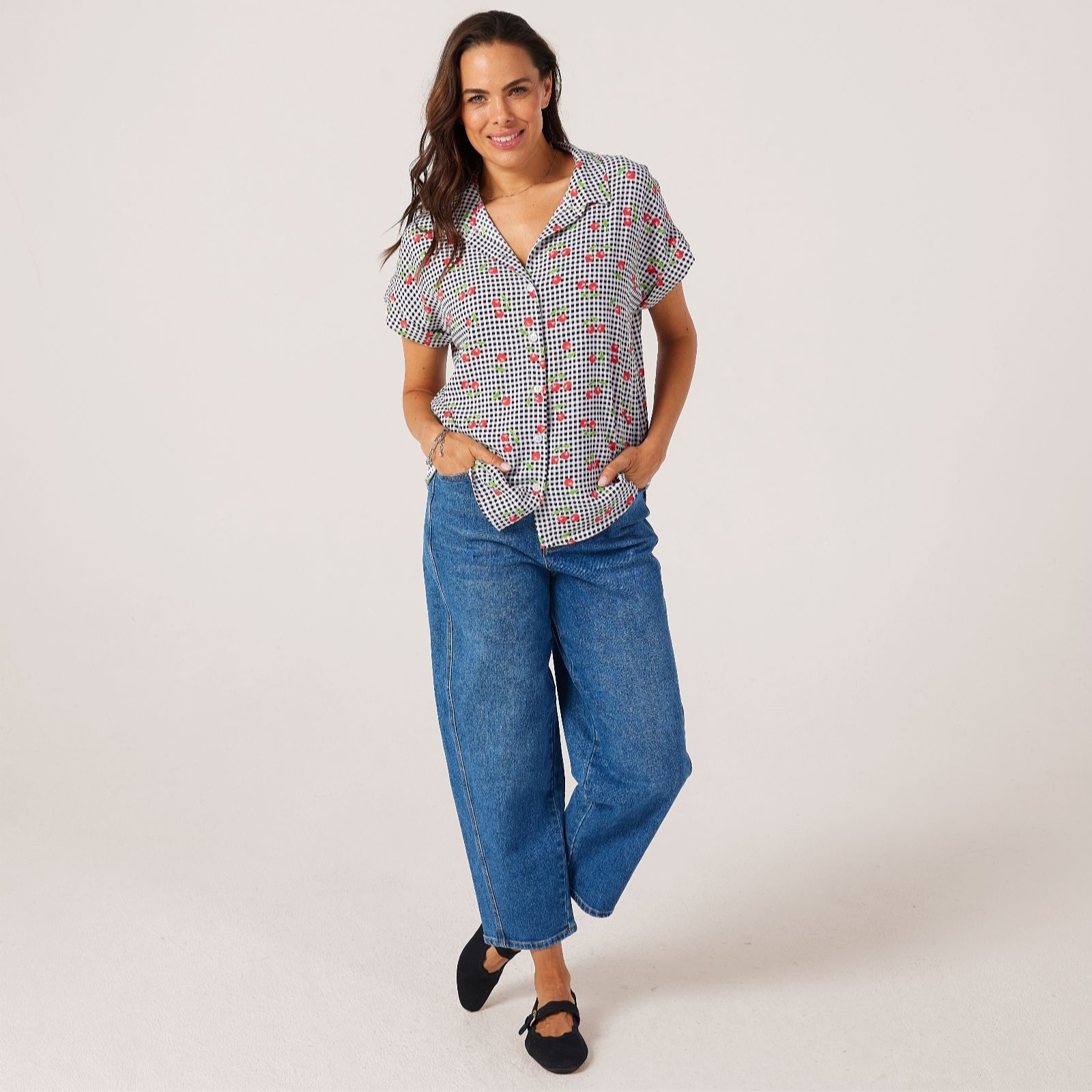 Kim & Co Black Multi Printed Poplin Yassi Short Dolman Sleeve Shirt