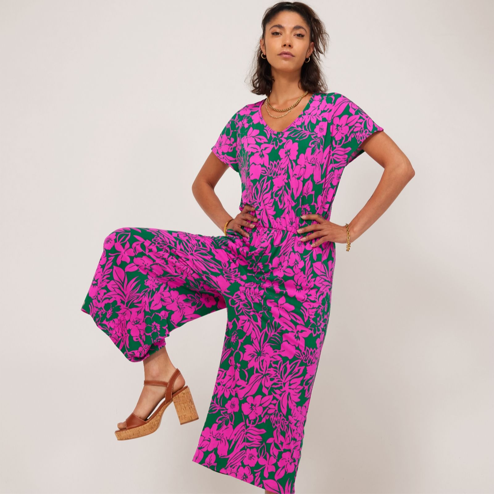 Kim & Co Brazil Jersey Short Dolman Sleeve Gaucho Jumpsuit Petite