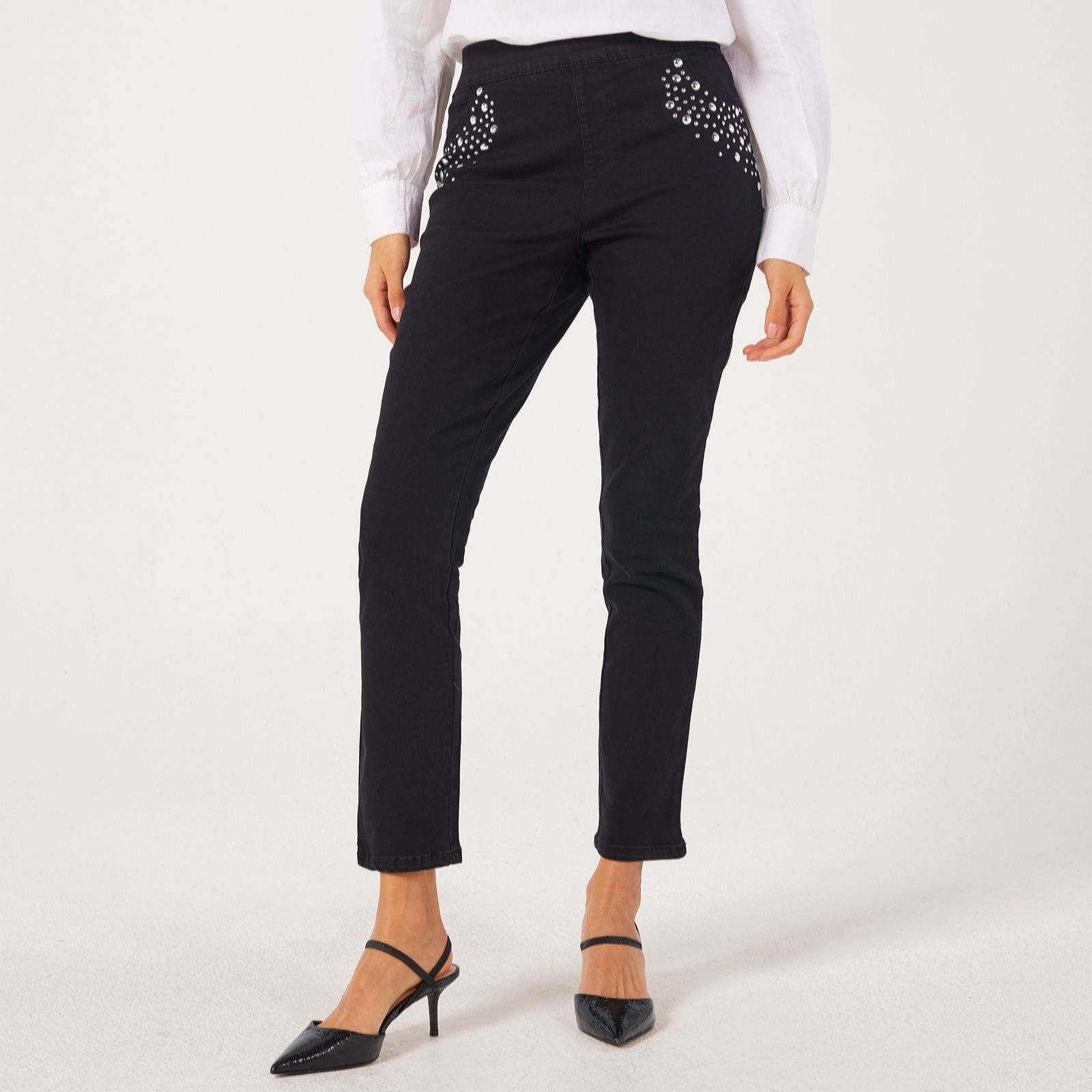 Nina Leonard Black Narrow Leg Denim Trousers With Studs Standard