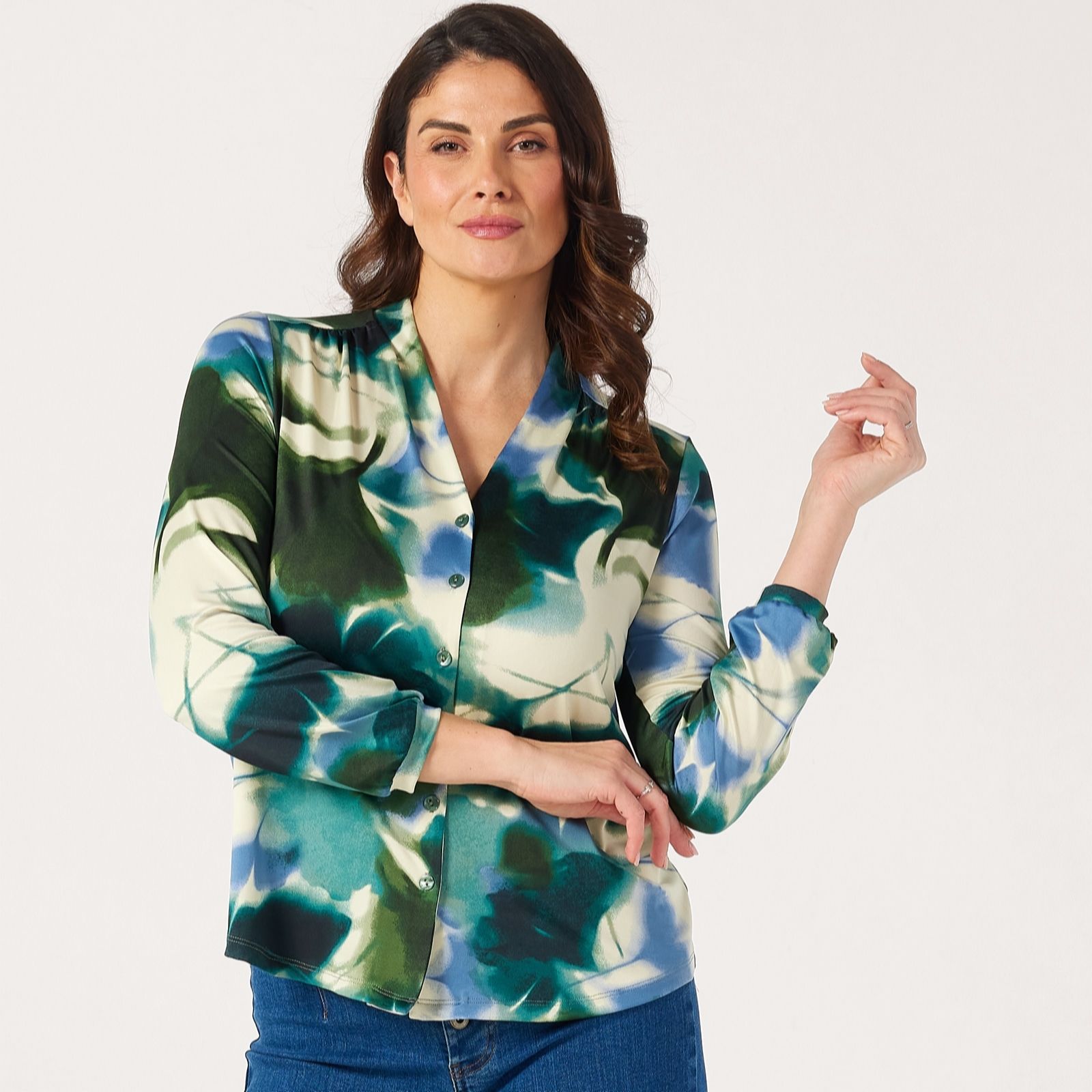 Kim & Co Green Multi Printed Brazil Jersey Long Blouson Sleeve Shirt