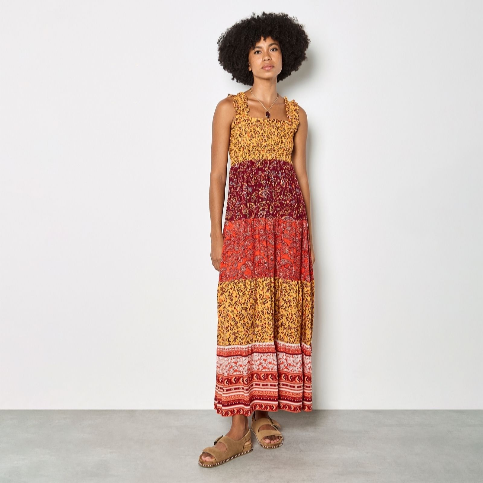 Apricot Patchwork Print Tiered Maxi Dress women's