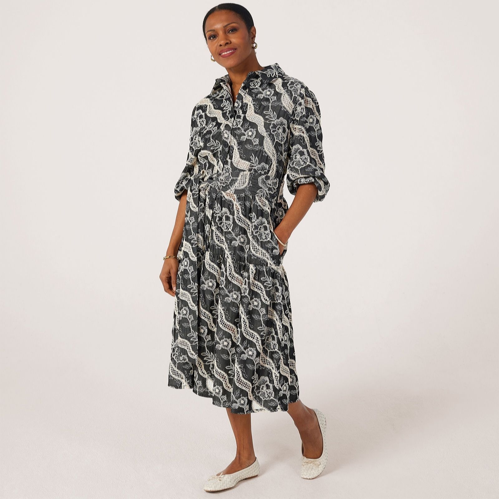 Helene Berman Ivory Black Embroidered Cassie Midi Dress