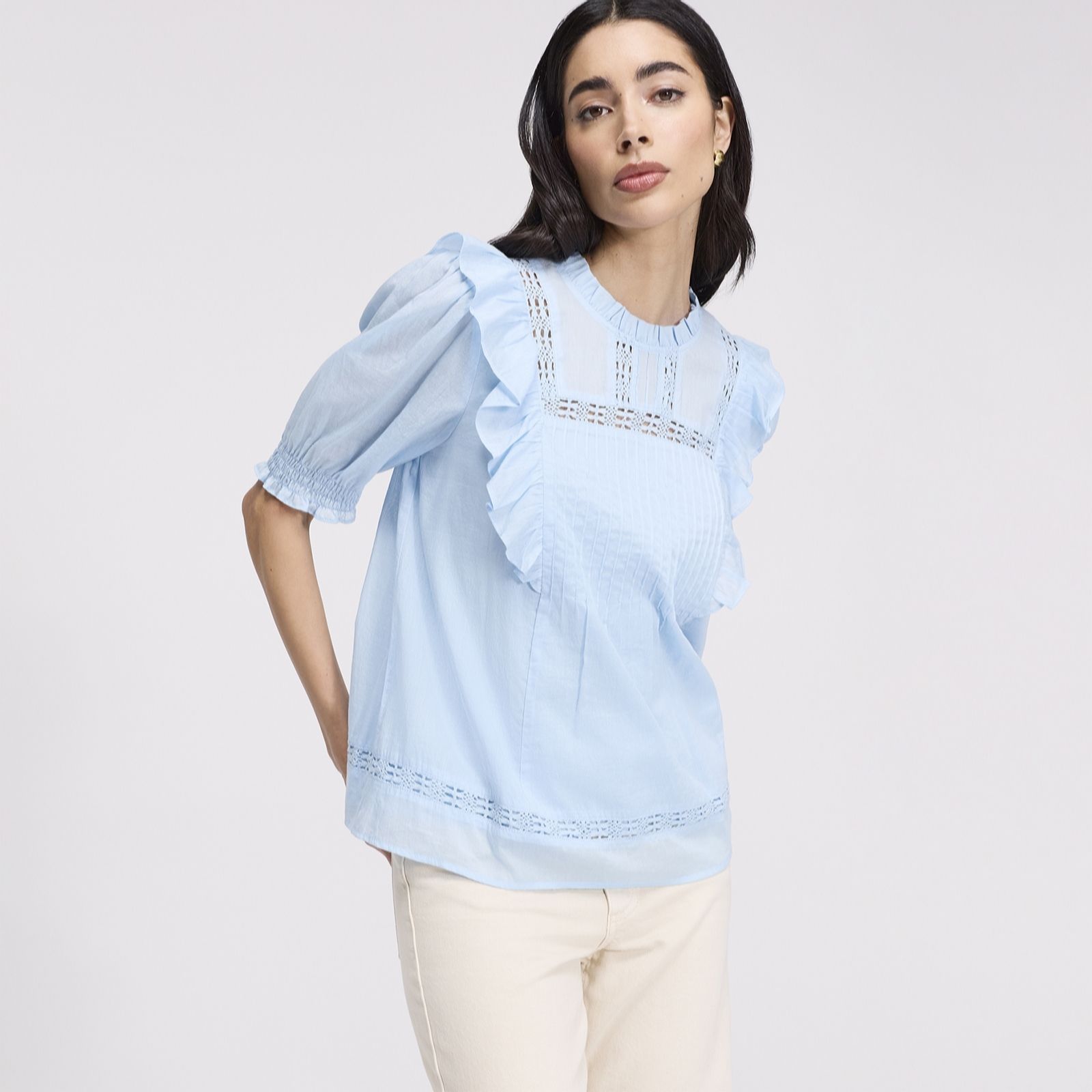 Jolin Pale Blue Lace Cotton Puff Sleeve Top Size: 8