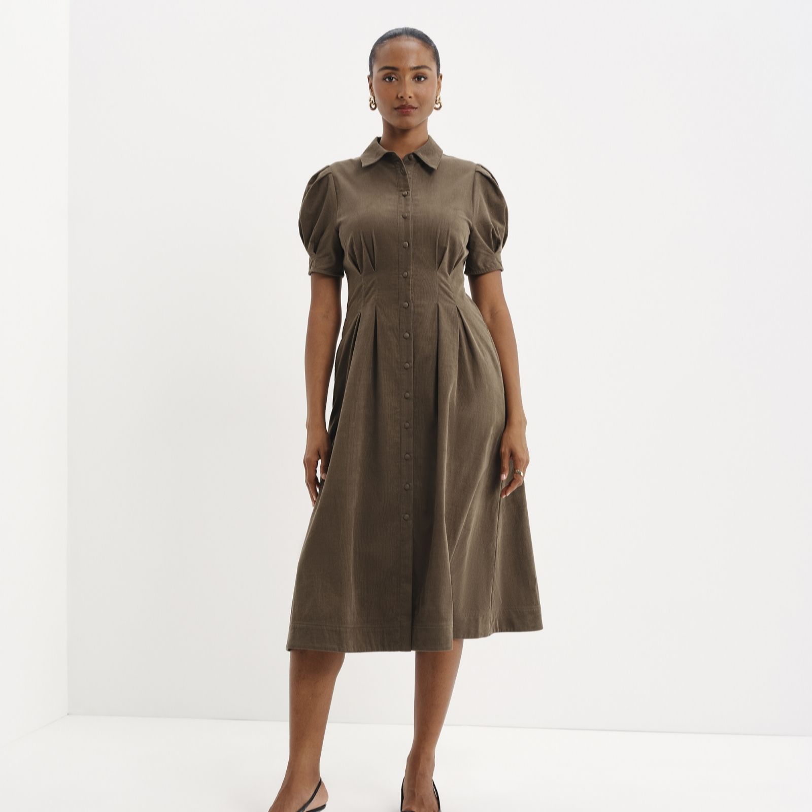 Anika Brown Corduroy Puff Sleeve Midi Shirt Dress Size: 8R