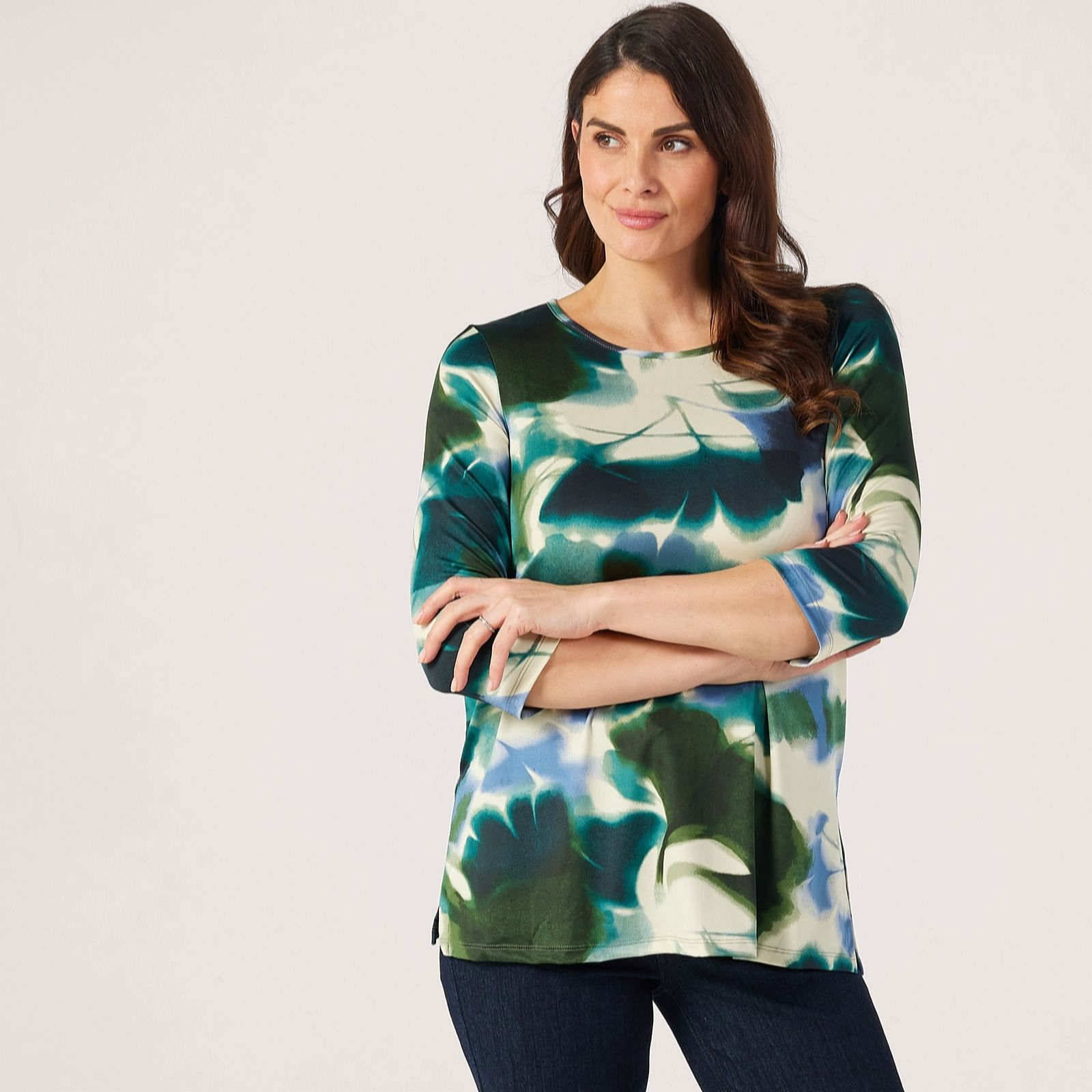 Kim & Co Green Multi Printed Brazil Knit 3/4 Sleeve Tunic