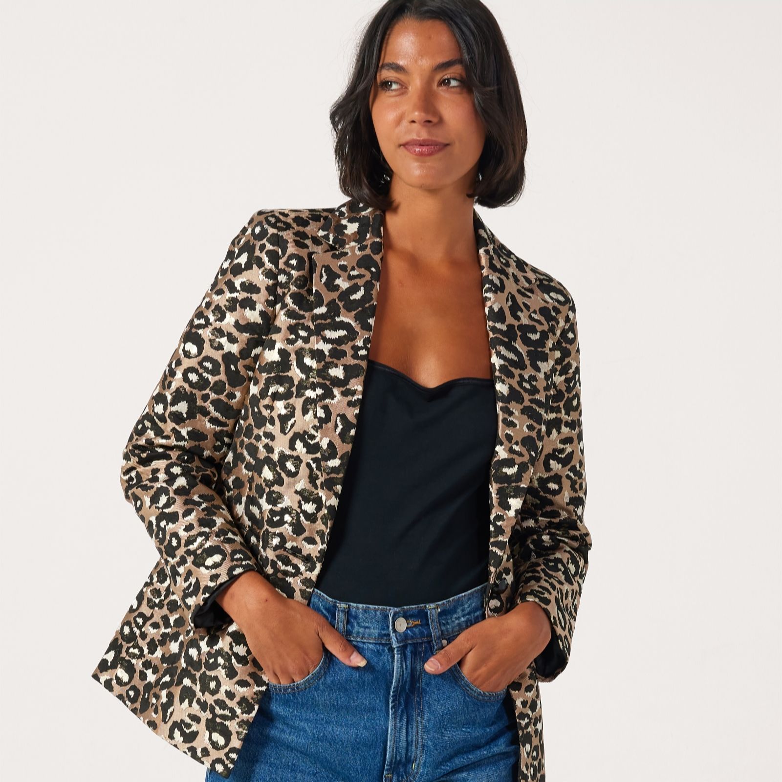 Helene Berman Gold Animal Print Blazer With Metallic Thread