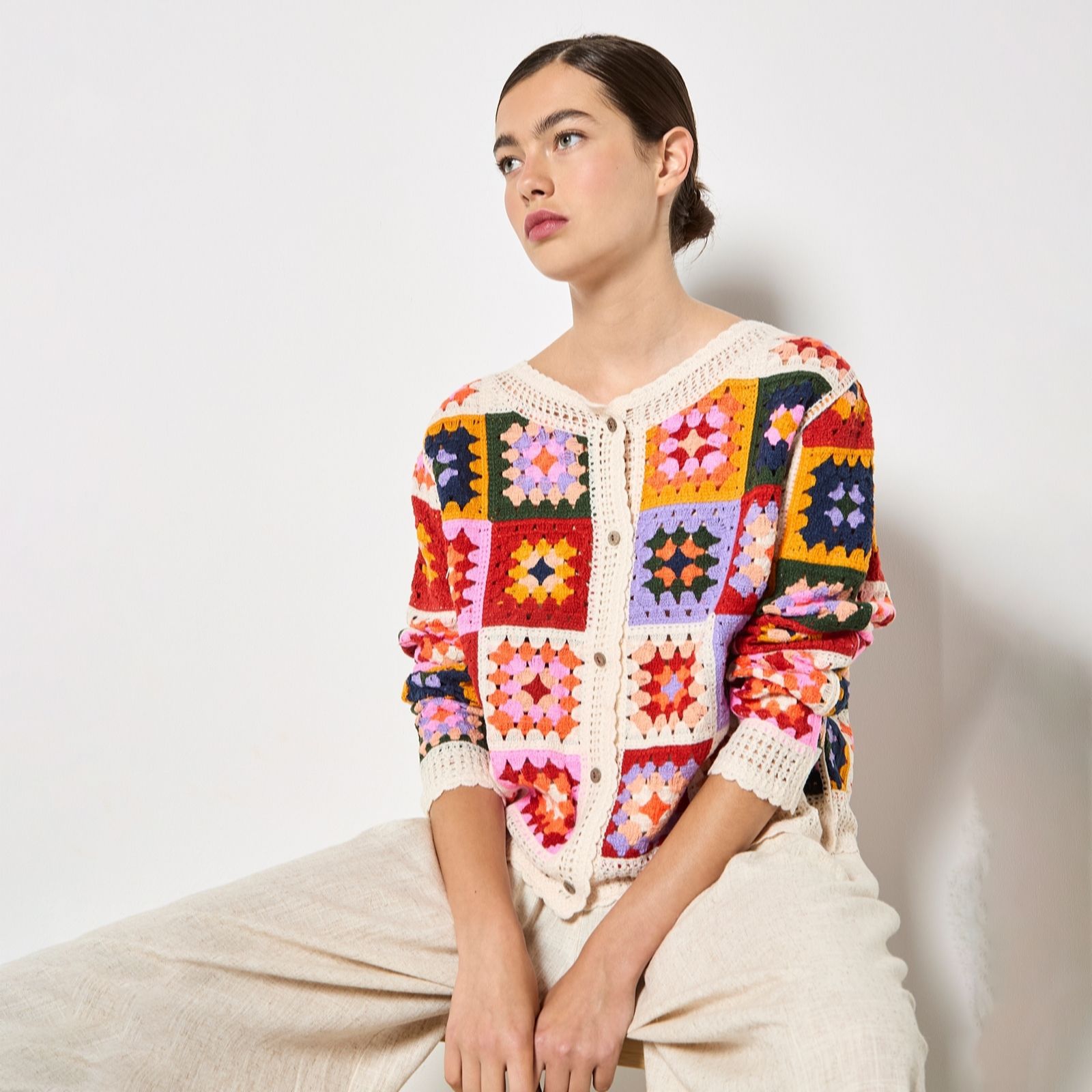 Apricot Black Bright Crochet Squares Cardigan