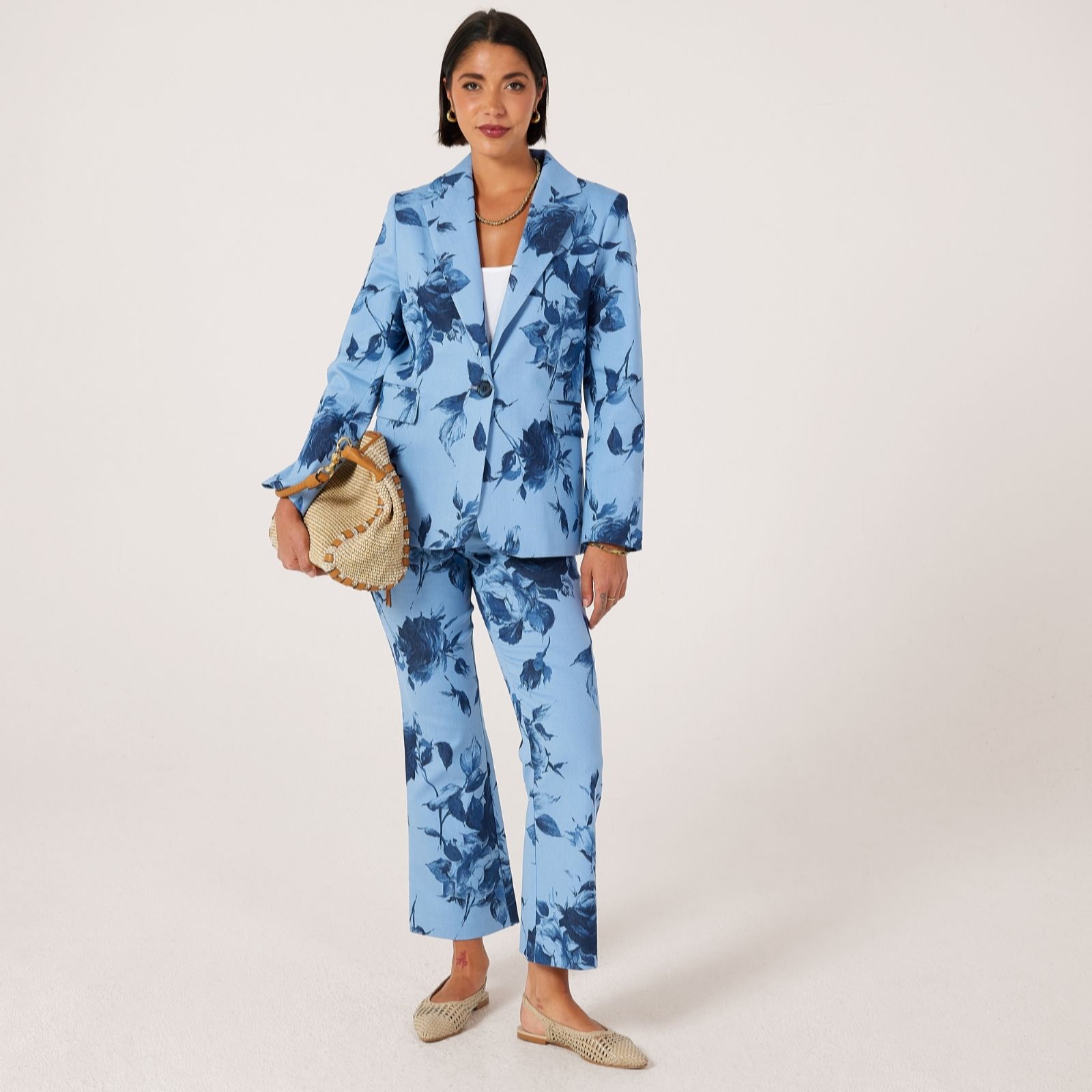 Helene Berman Blue Denim Floral Denim Blazer With Stretch