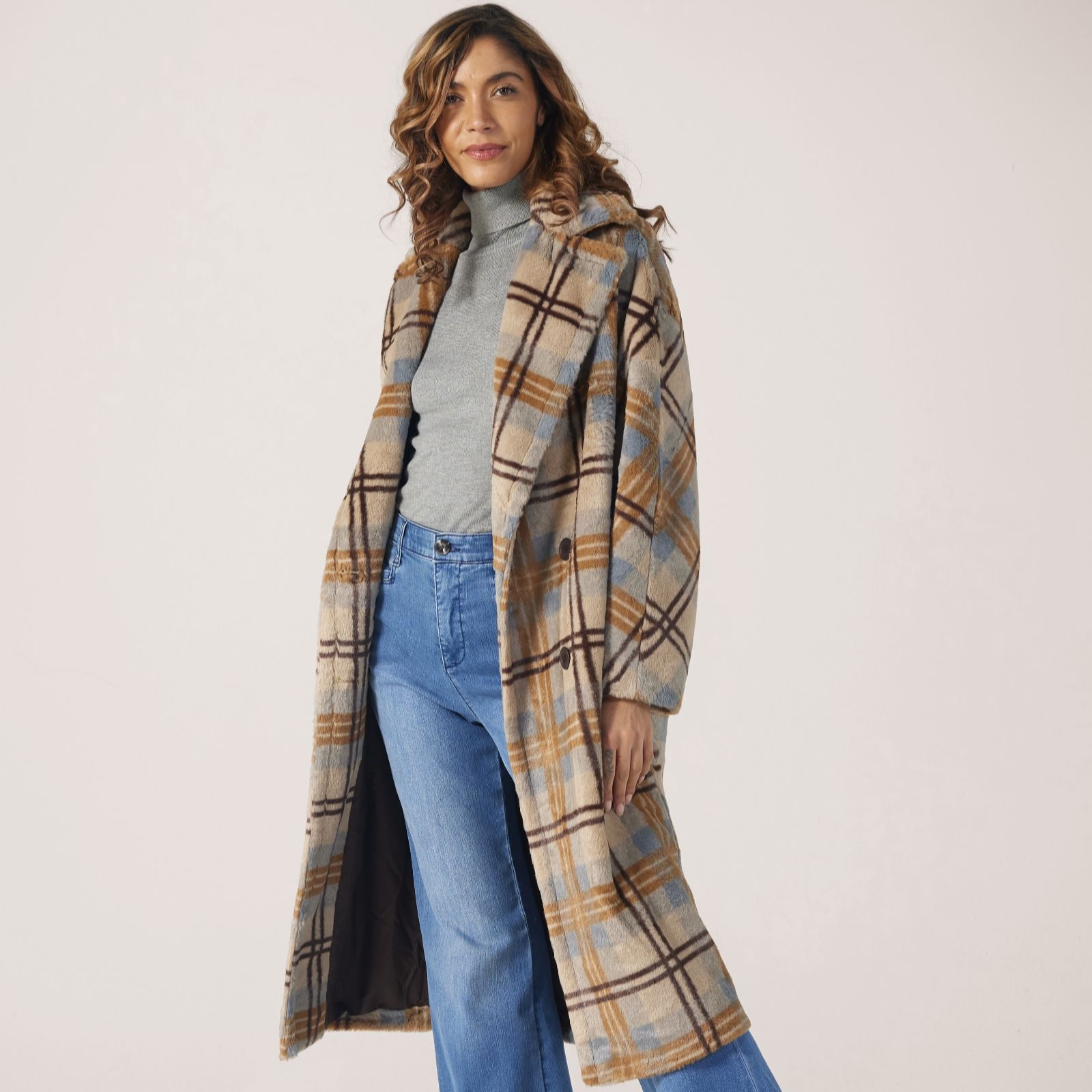 Helene Berman Faux Fur Checked Longline Coat