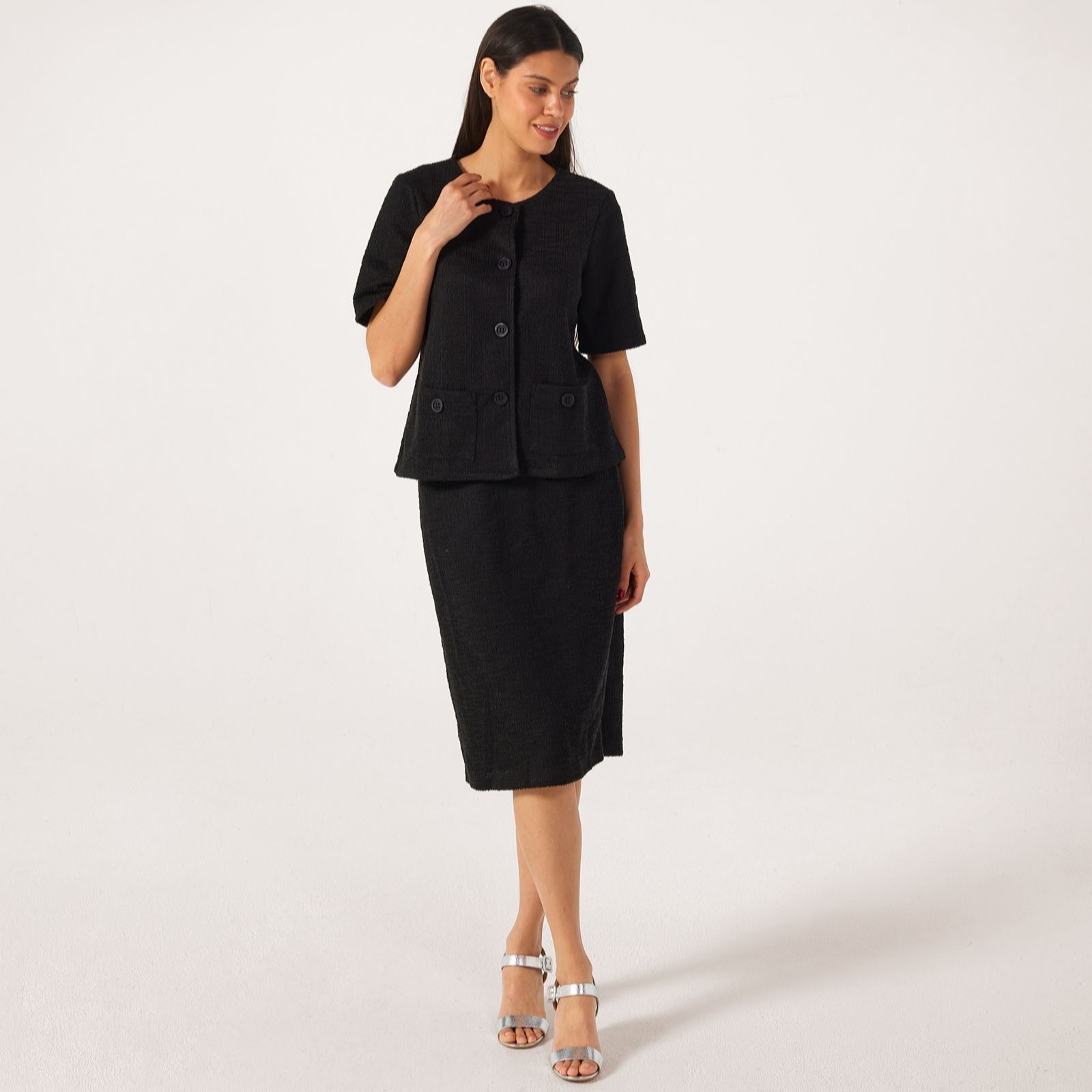 Kim & Co Black Textured Boucle Short Sleeve Jacket