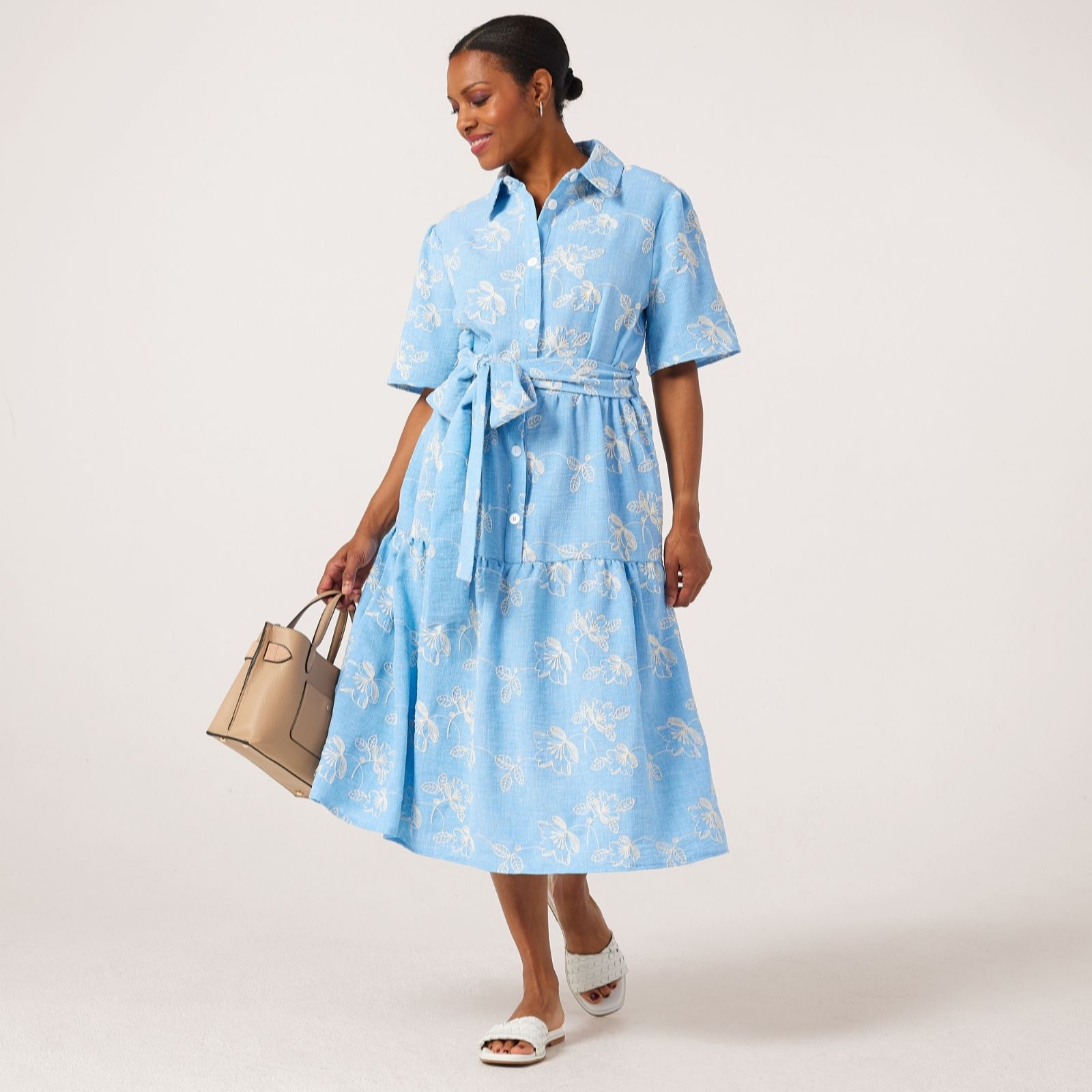 Helene Berman Blue Floral Embroidered Light Denim Look Shirt Dress