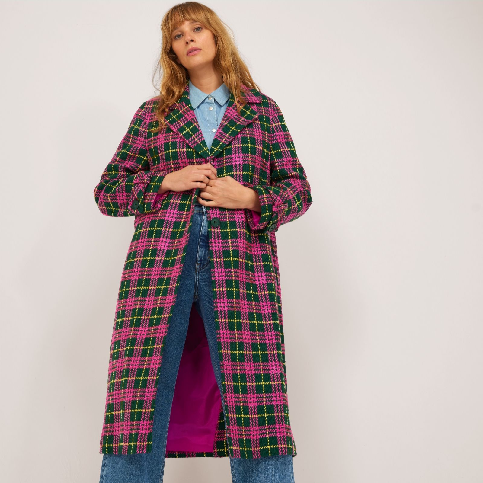 Helene Berman Pink Multi Checked Long Line Coat