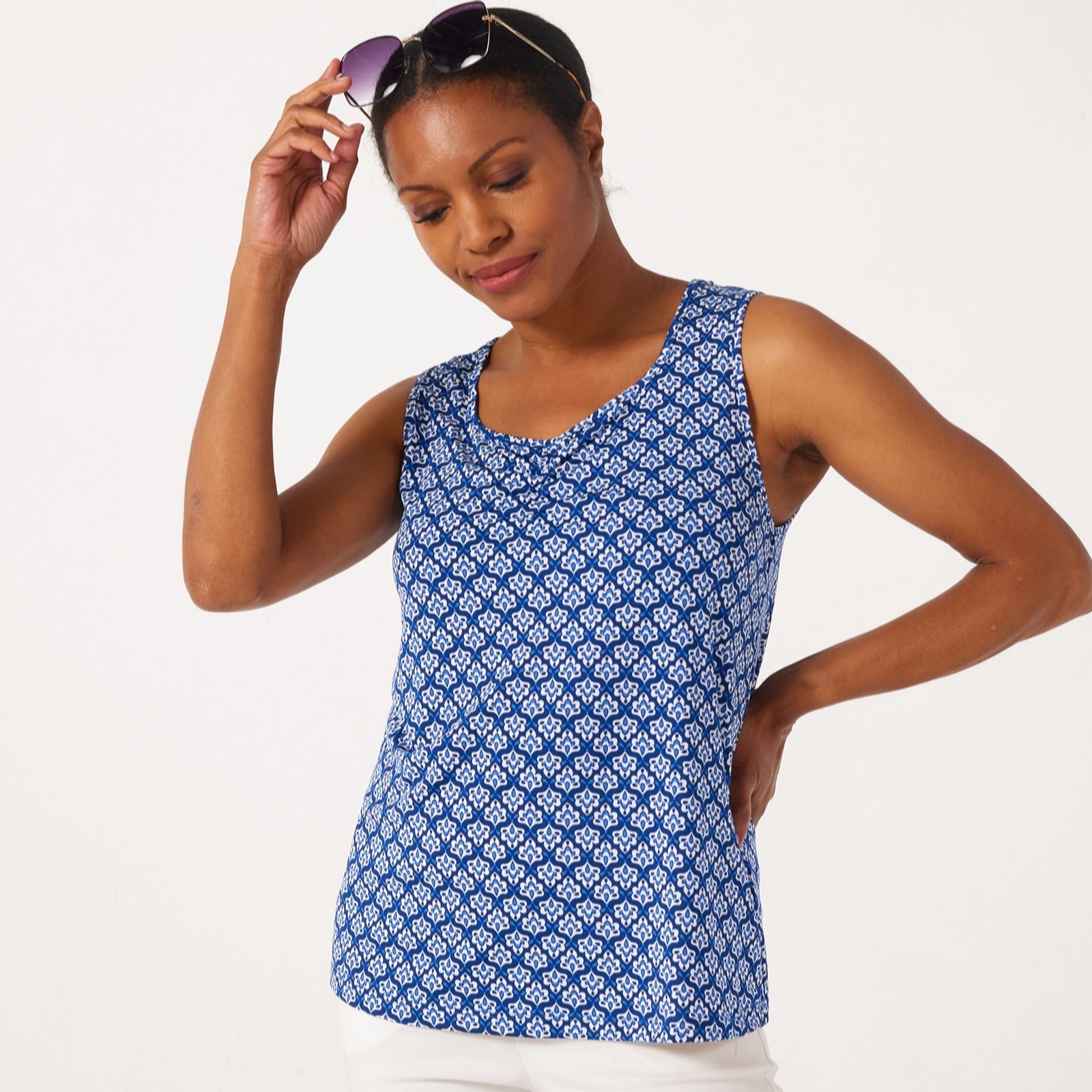 Kim & Co Blue Multi Printed Brazil Jersey Contrast Detail Sleeveless Vest