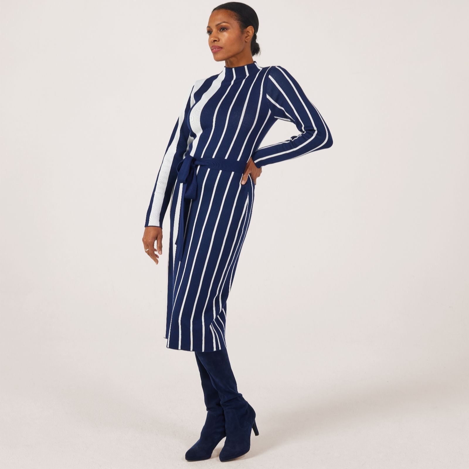 Nina Leonard Navy,Cream Stripe Jacquard Mock Knit Dress