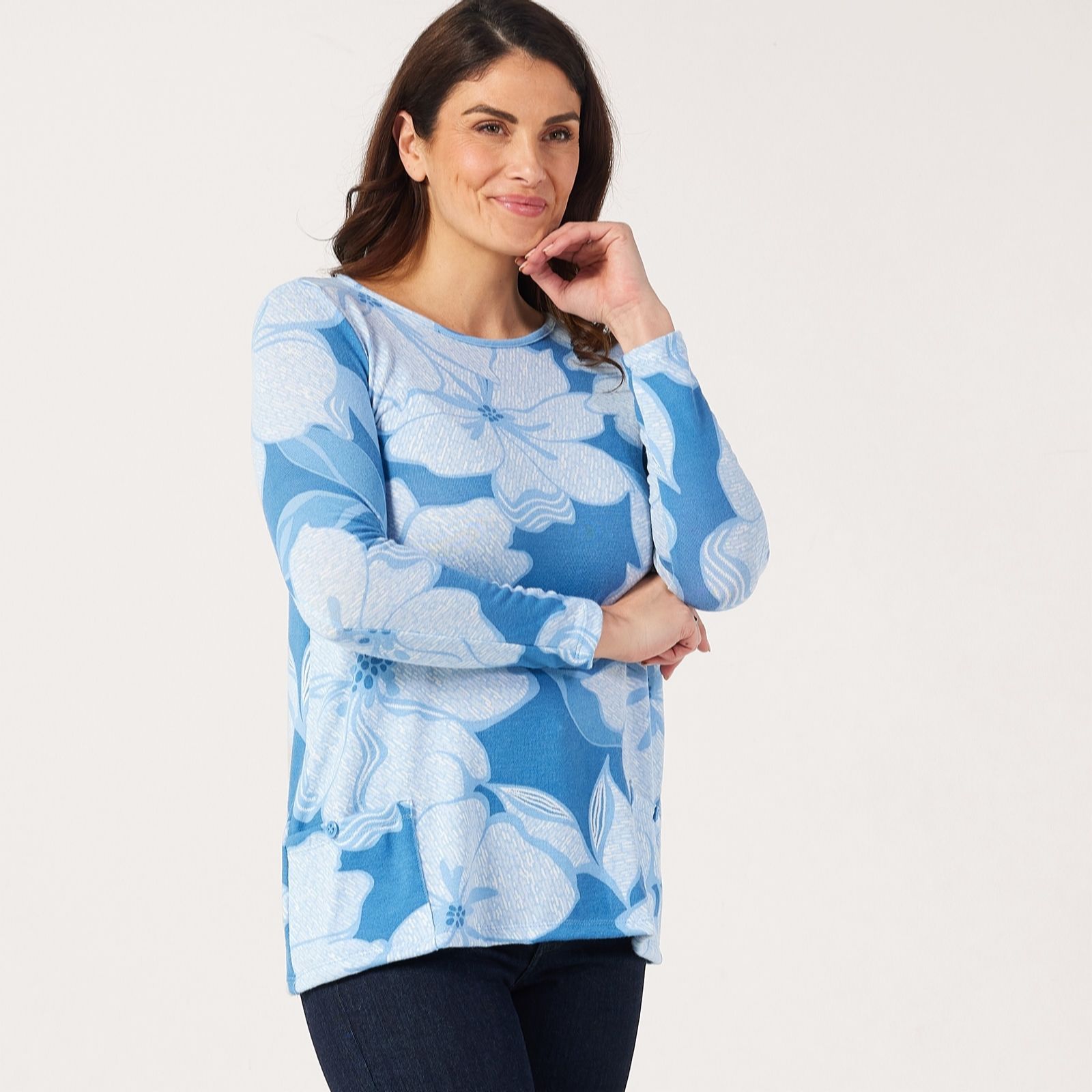Kim & Co Blue Multi Printed Soft Touch Knit Jumper Tunic With Pockets