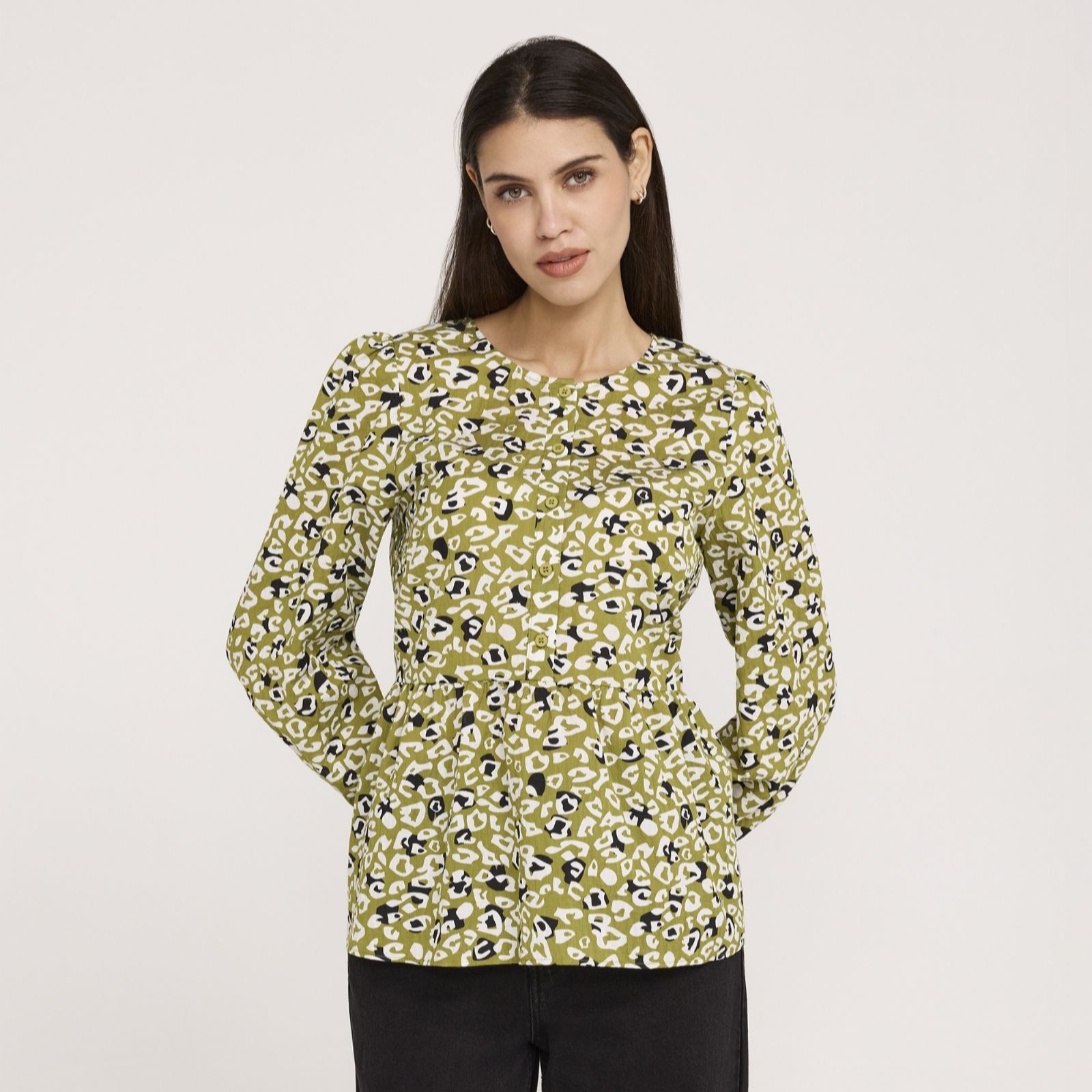 Finery London Cotton Blend Animal Printed Button Up Peplum Top women's