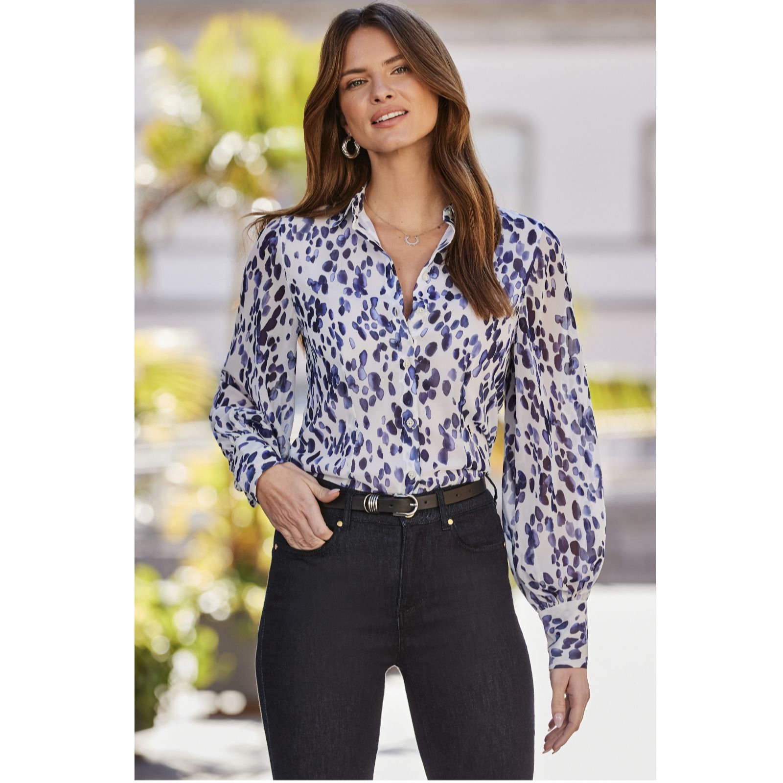 Sosandar Blouson Sleeve Blurred Spot Shirt