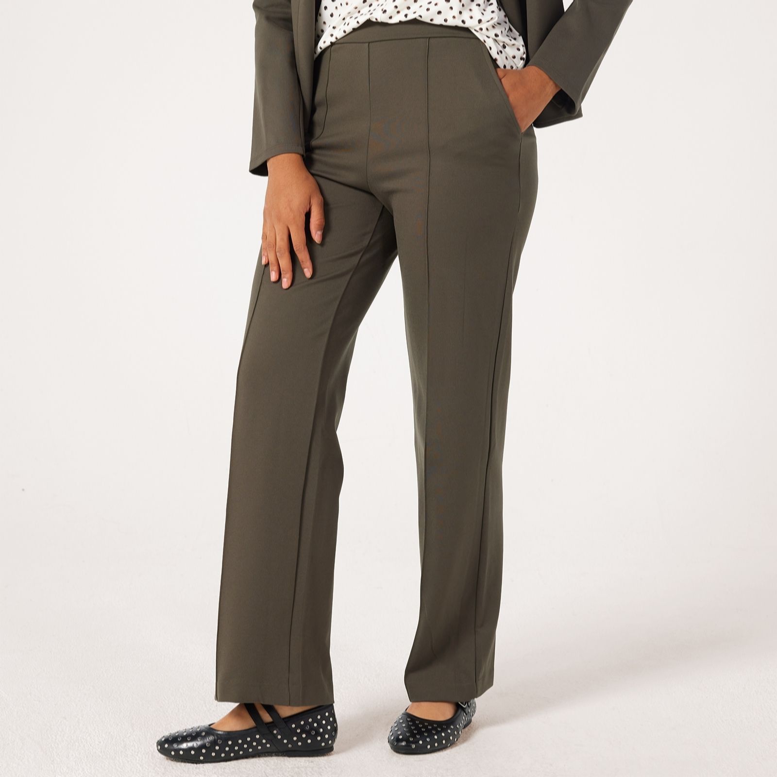 Kim & Co Black Strech Ponte Jane Straight Leg Pintuck Petite Trousers