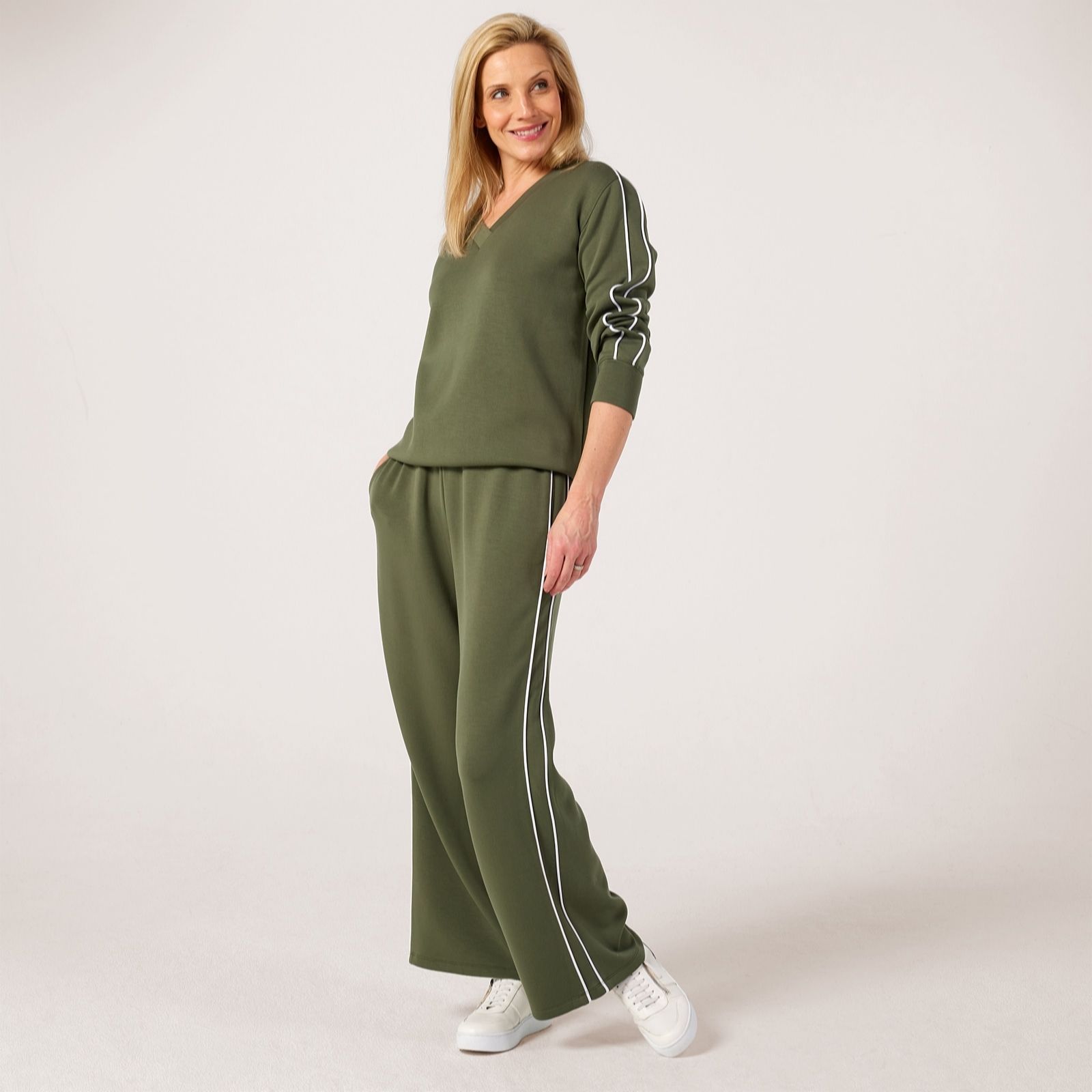Ruth Langsford Khaki Leisurewear Wide Leg Trouser With Side Piping Petite
