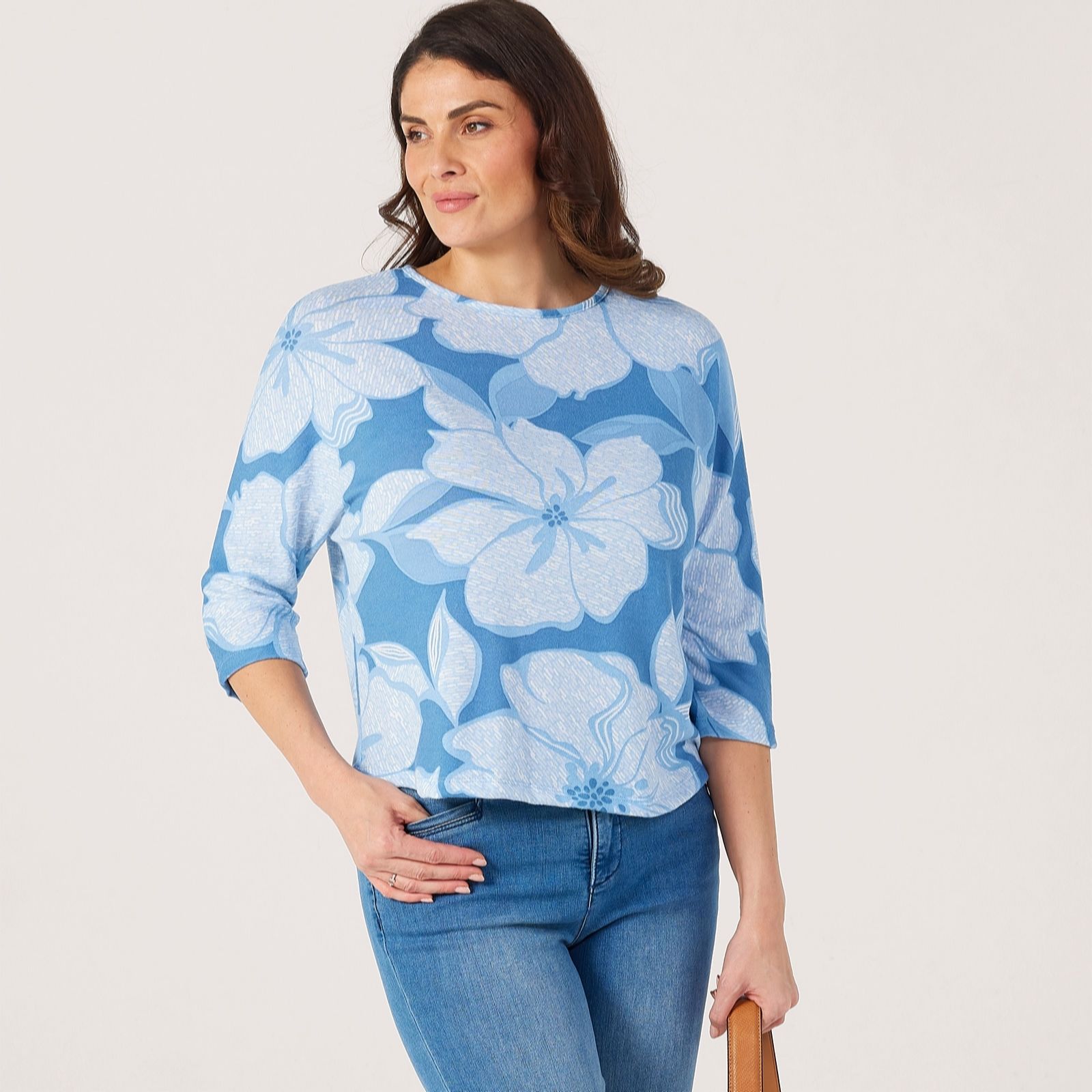 Kim & Co Blue Multi Printed Soft Touch Knit 3/4 Dolman Sleeve Jumper