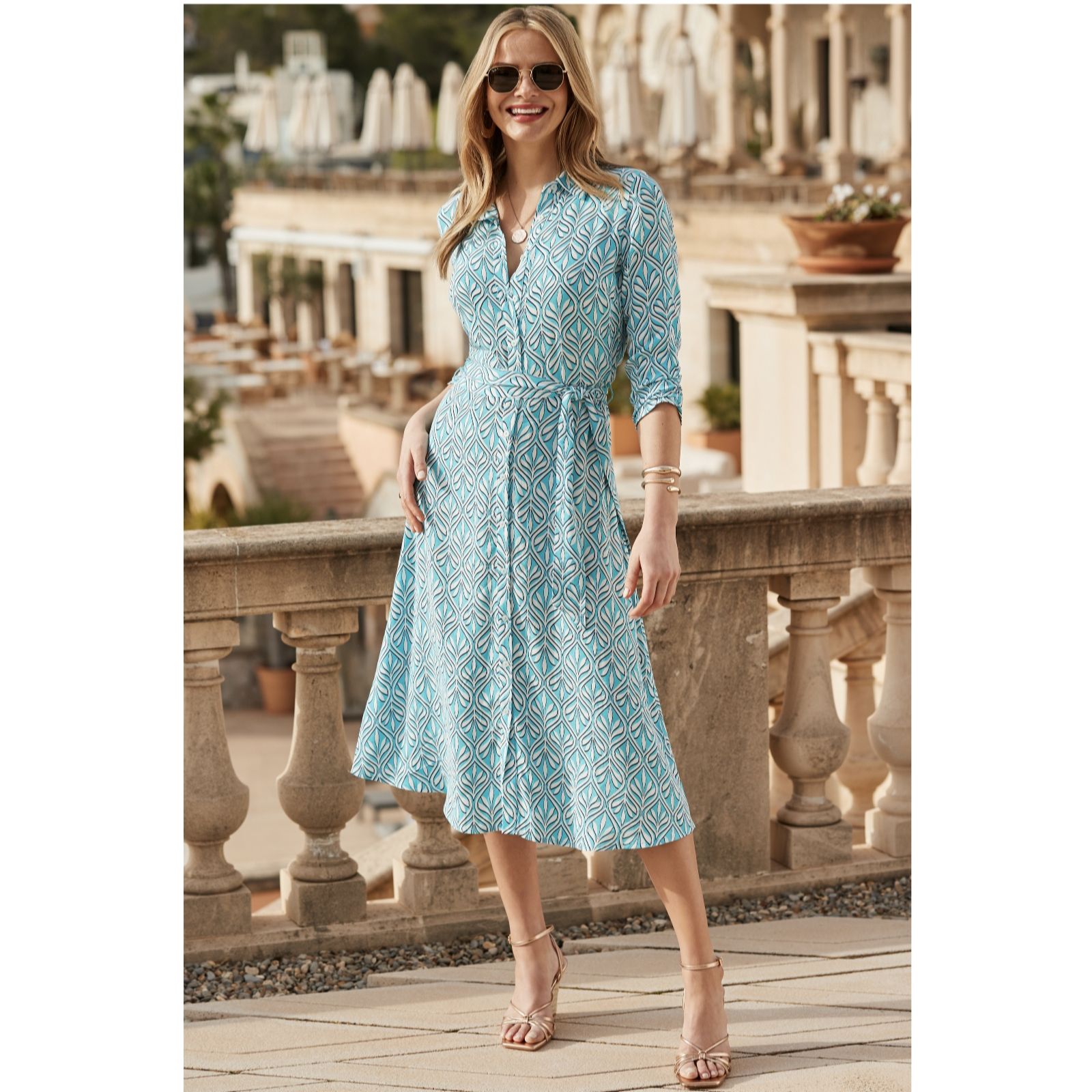 Sosandar Blue Tie Waist Shirt Dress