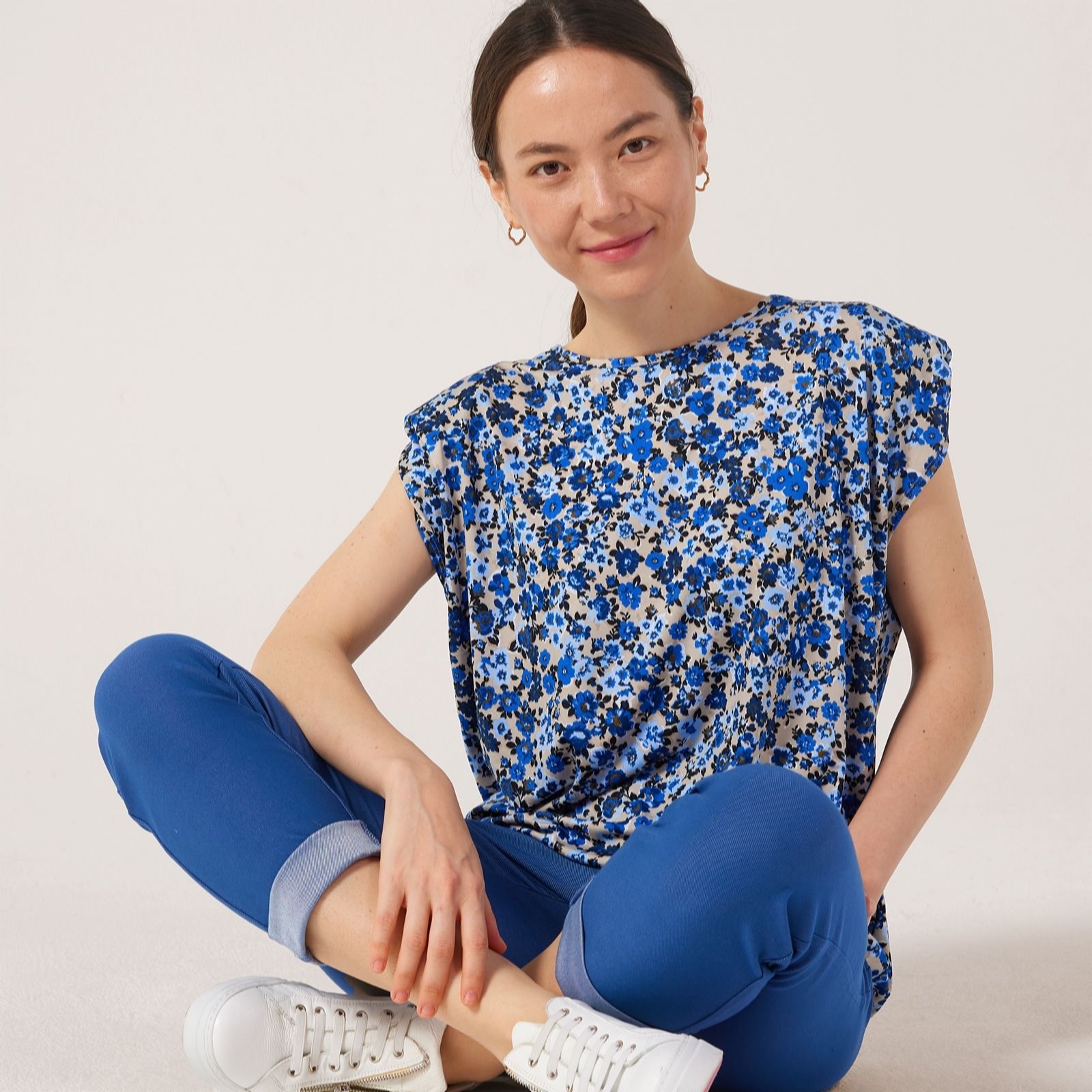 Kim & Co Blue Multi Printed Brazil Jersey Extended Shoulder Blouson Top