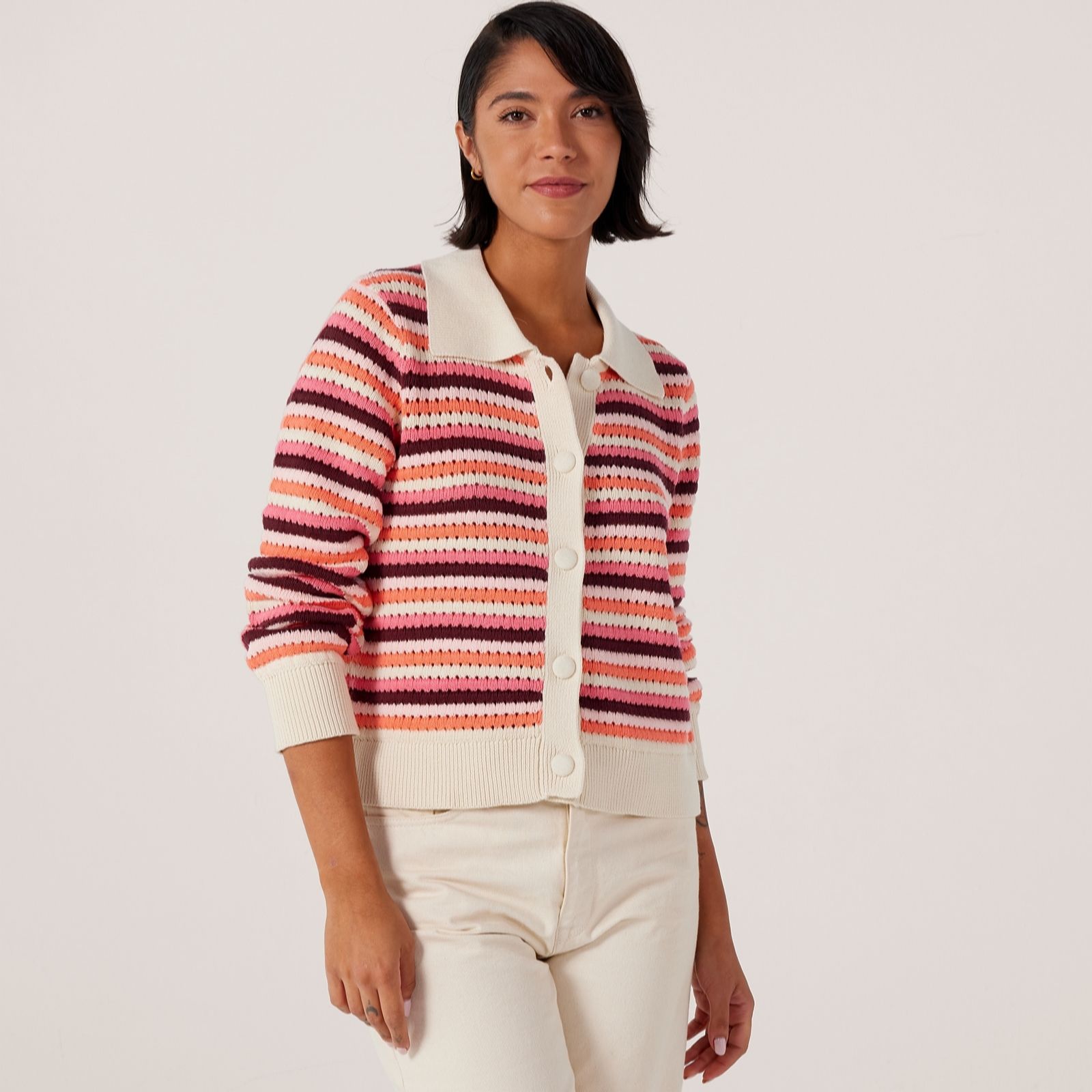 Yas Pink Stripe Trimi Stripe Knitted Cardigan