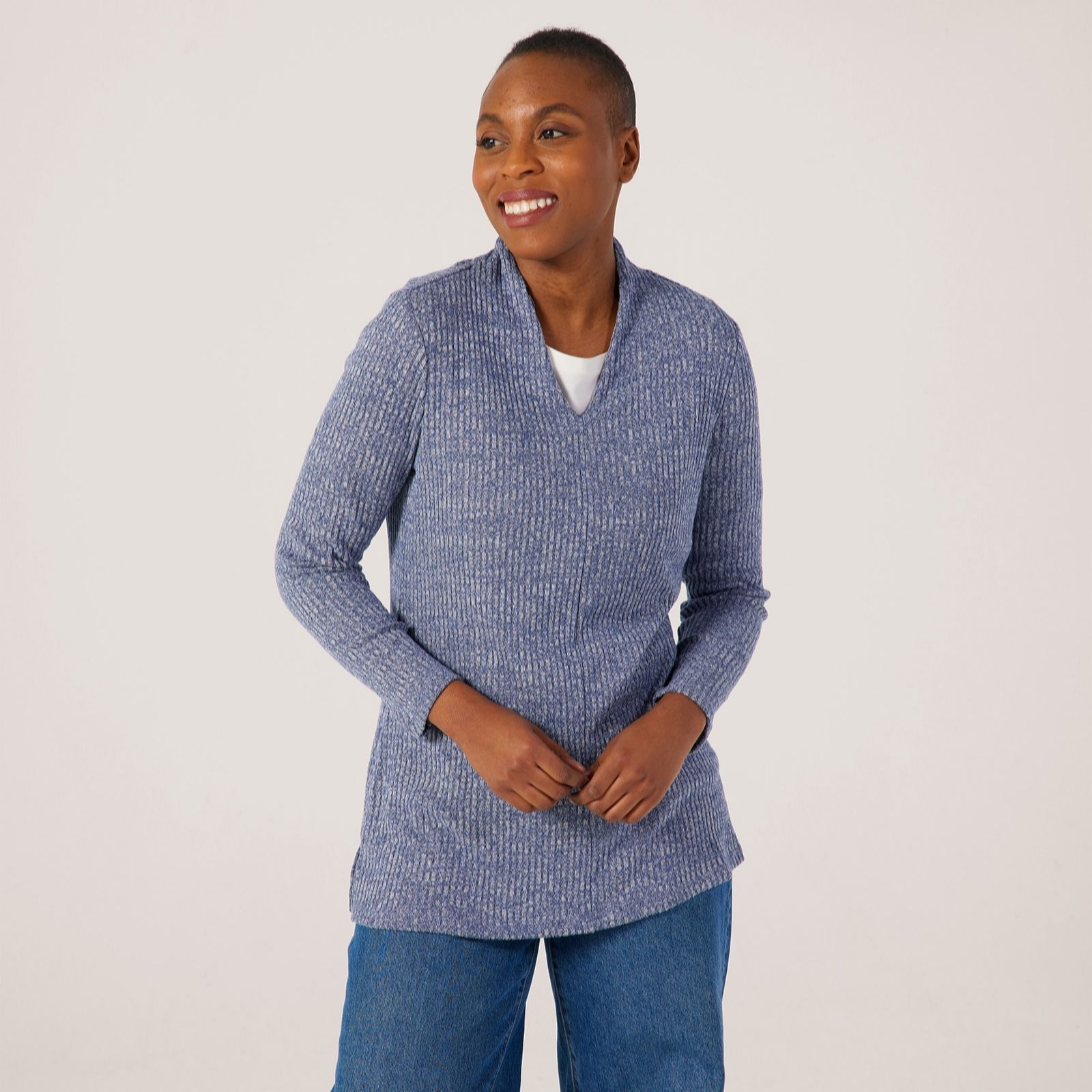 Denim & Co. Rib Long Sleeve V Neck Tunic