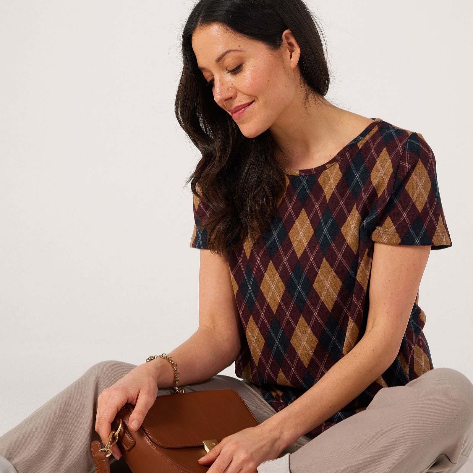 Kim & Co Blue Multi Classic Argyle Soft Touch Short Sleeve Jumper