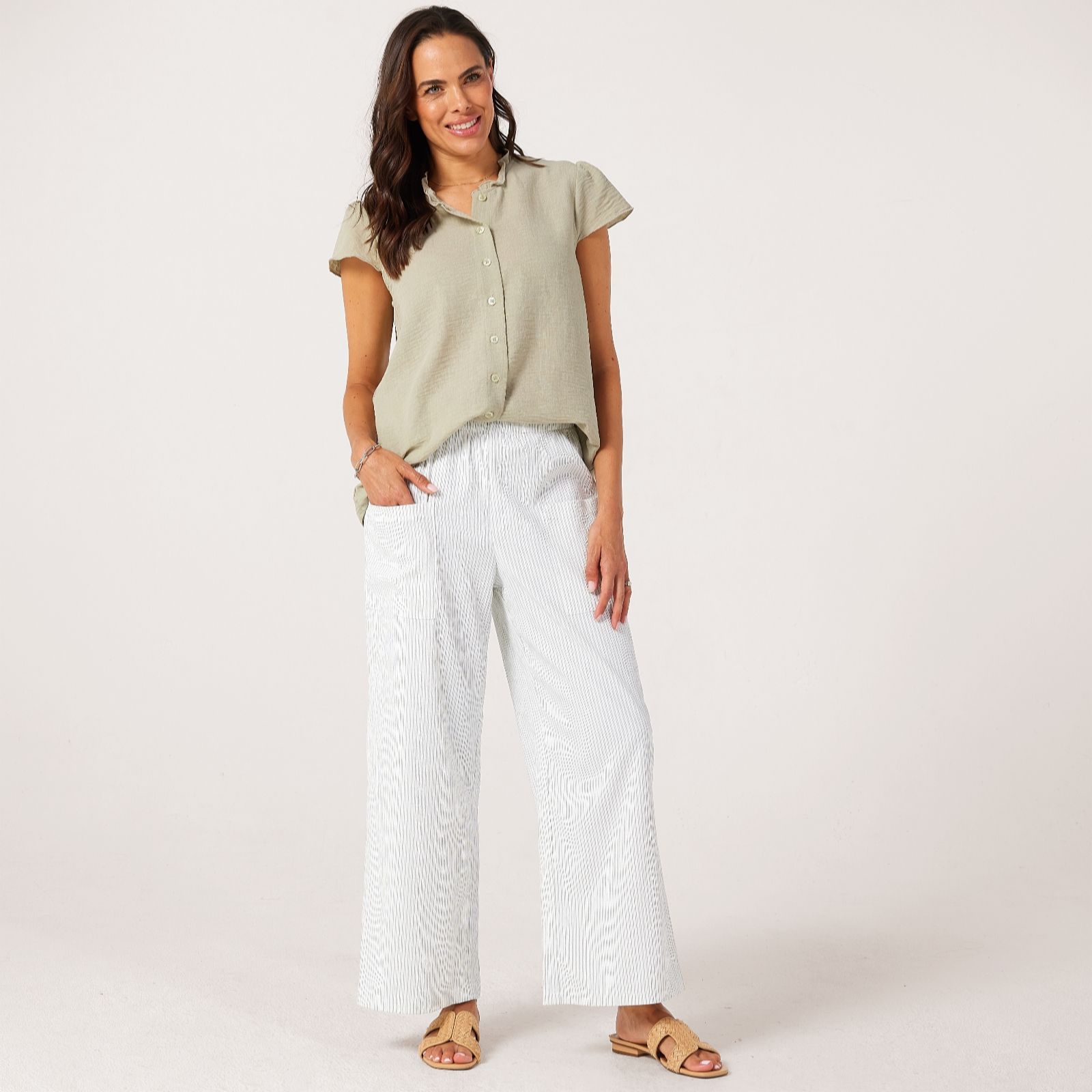 Kim & Co Blue Ecru Seersucker Ankle Length Yassi Relaxed Standard Trousers
