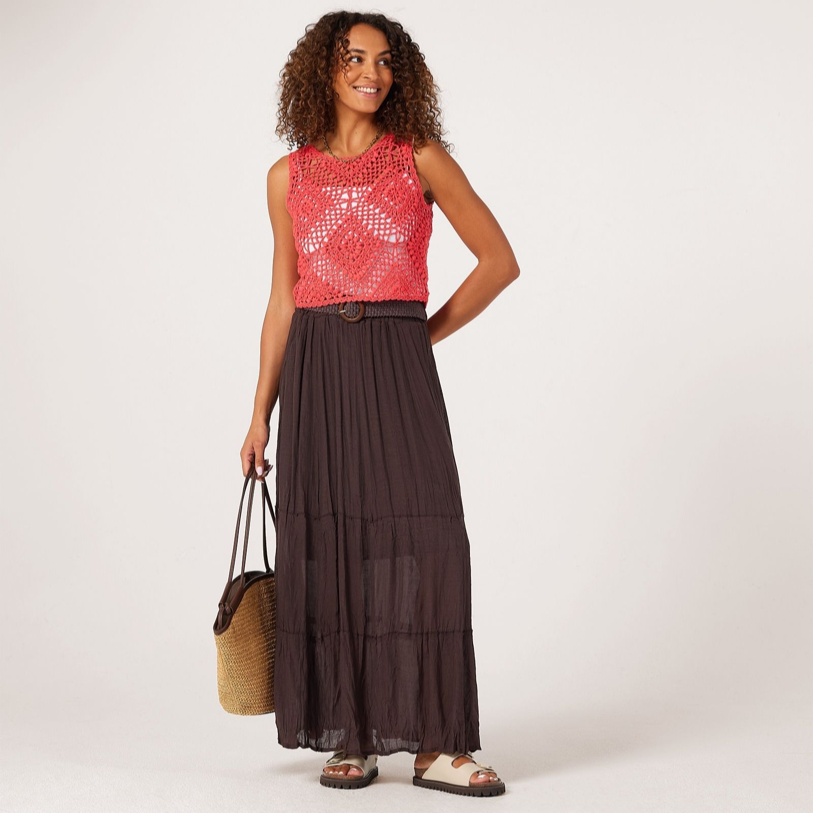 Apricot Chocolate Tiered Maxi Belted Skirt Short