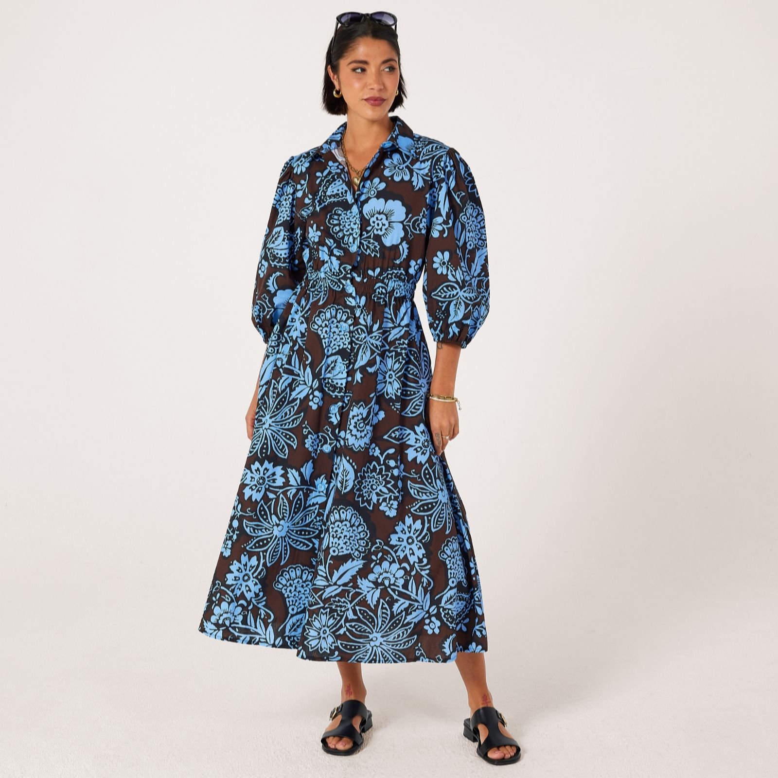 Helene Berman Brown 100% Cotton Printed Maxi Dress