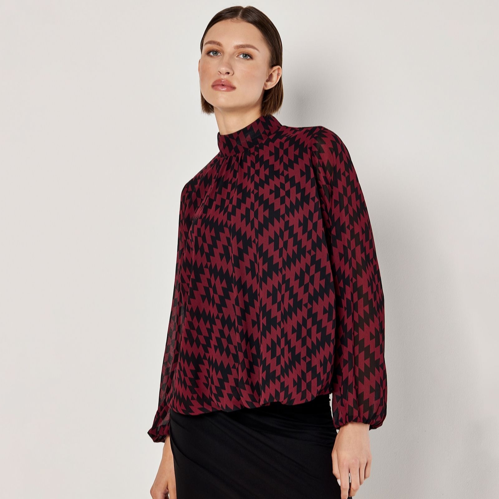 Apricot Staggered Geo High Neck Puff Top
