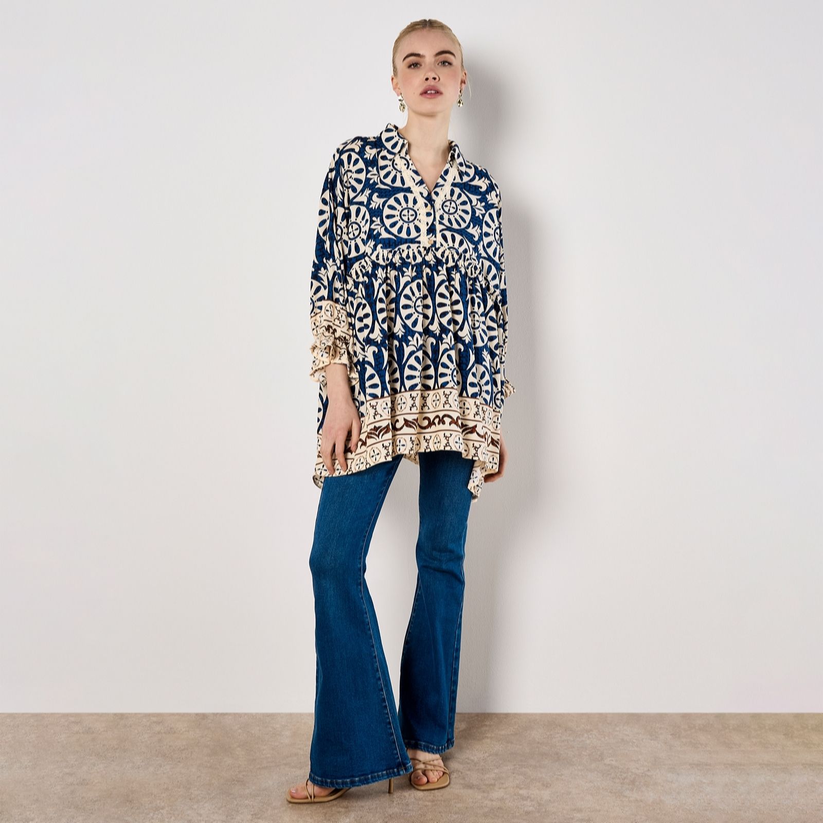 Apricot Block Border Print Oversized Shirt