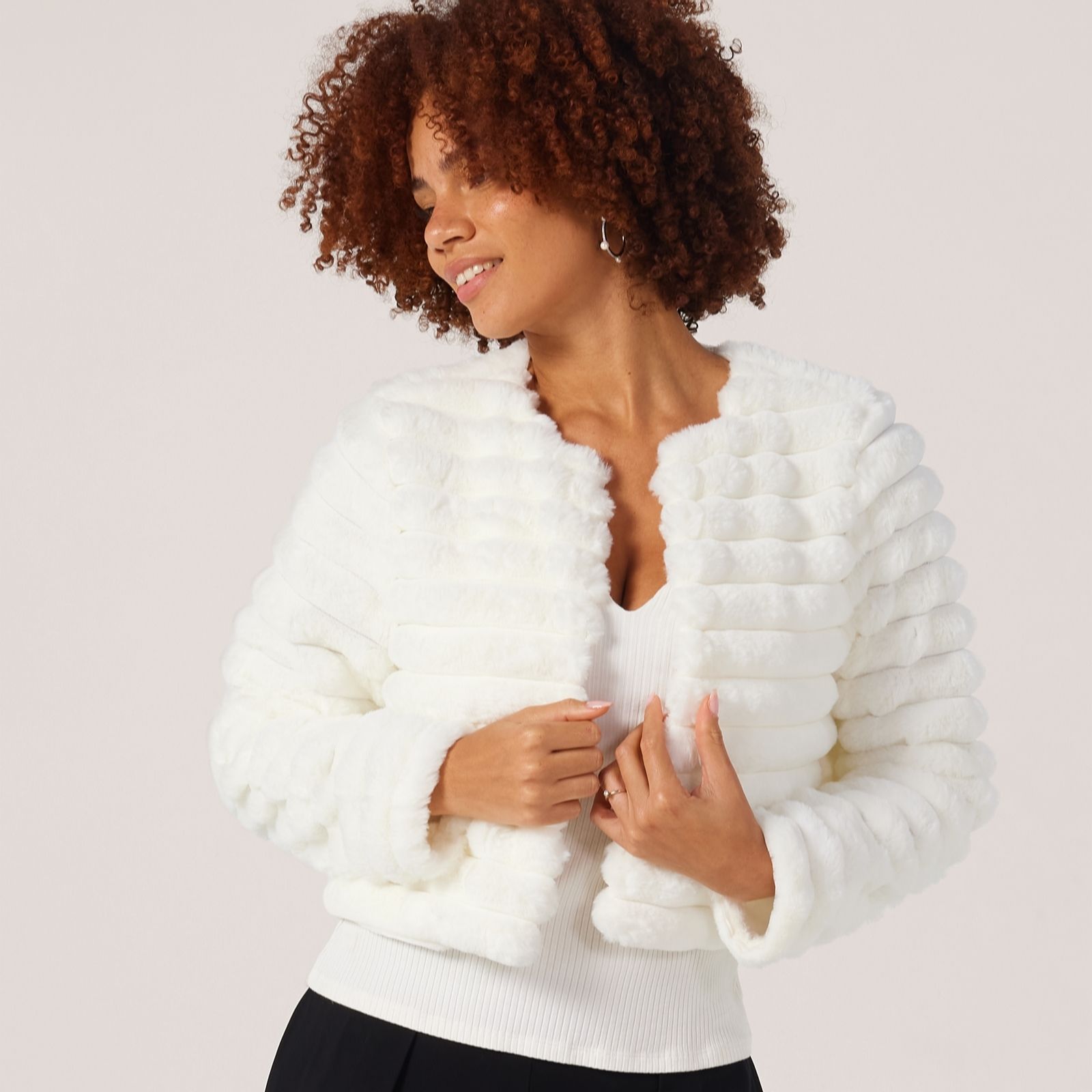 Nina Leonard Black Ribbed Faux Fur Bolero