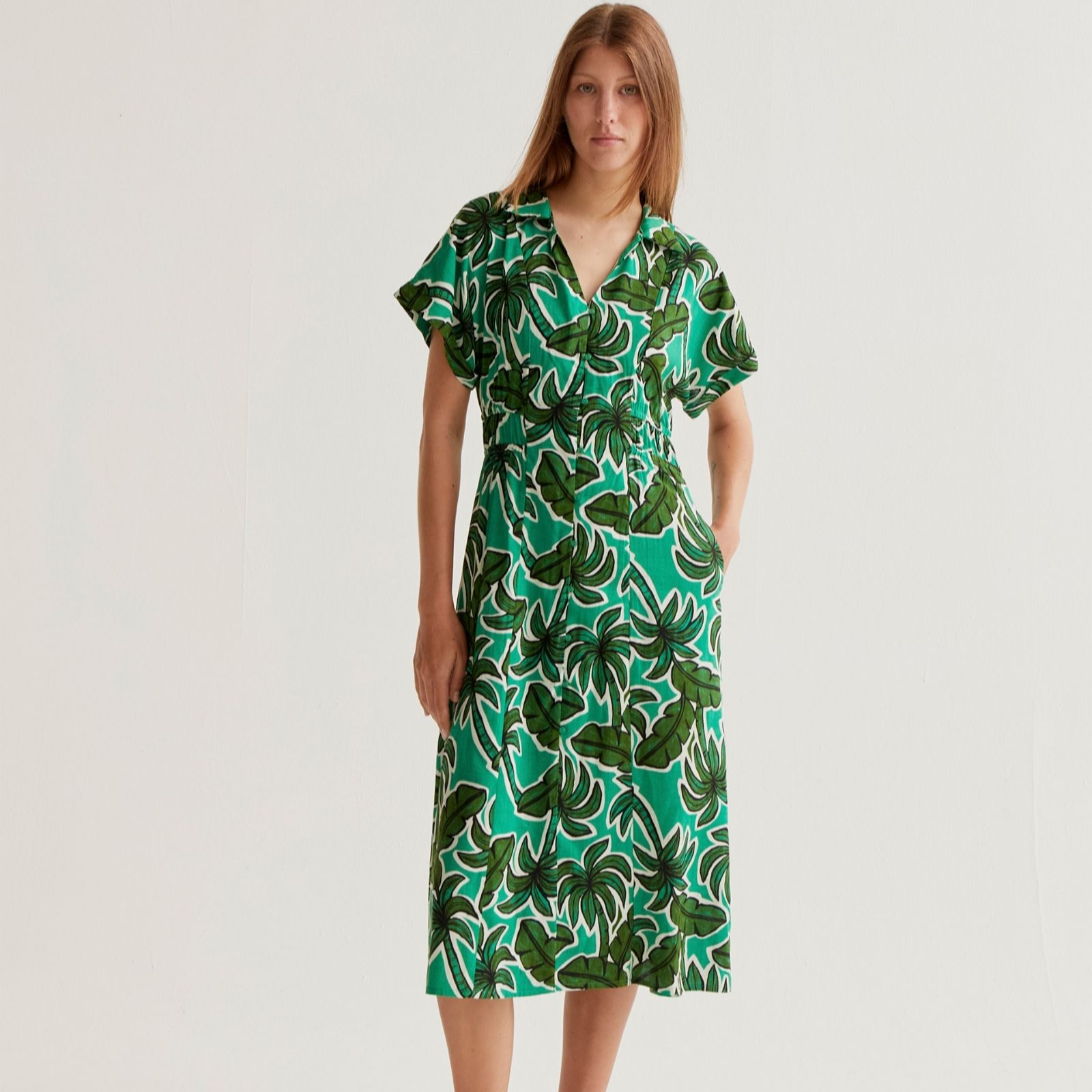 Compania Fantastica Palm Tree Button Down Palm Print Midi Dress