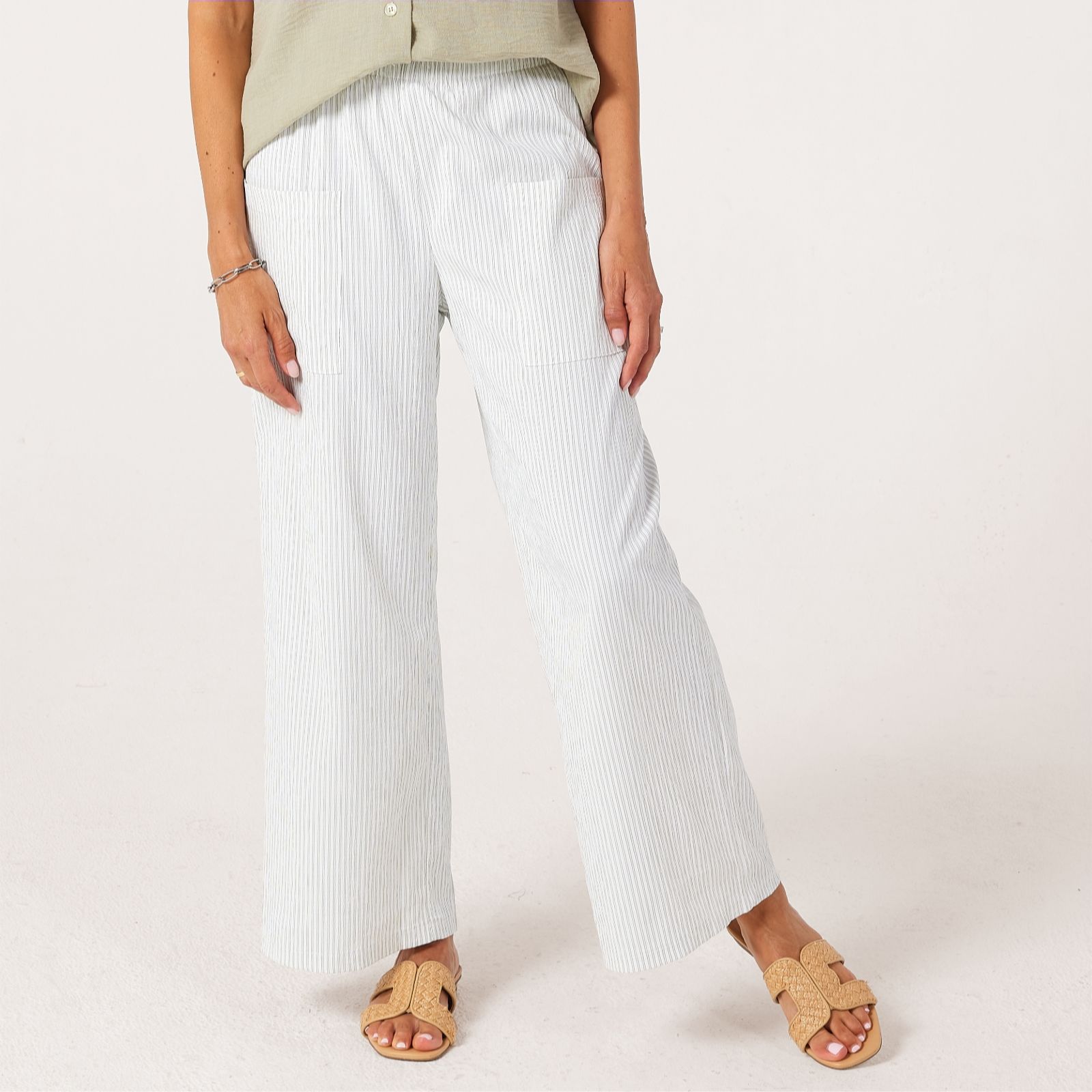 Kim & Co Blue Ecru Seersucker Ankle Length Yassi Relaxed Petite Trousers