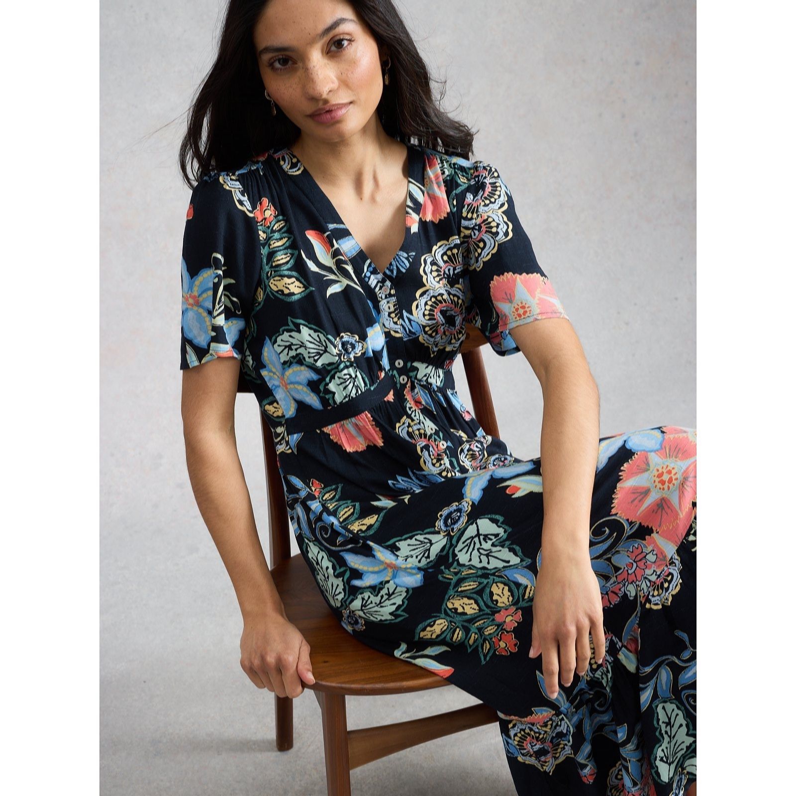 White Stuff Women's Navy Multi Phoebe Midi Dress