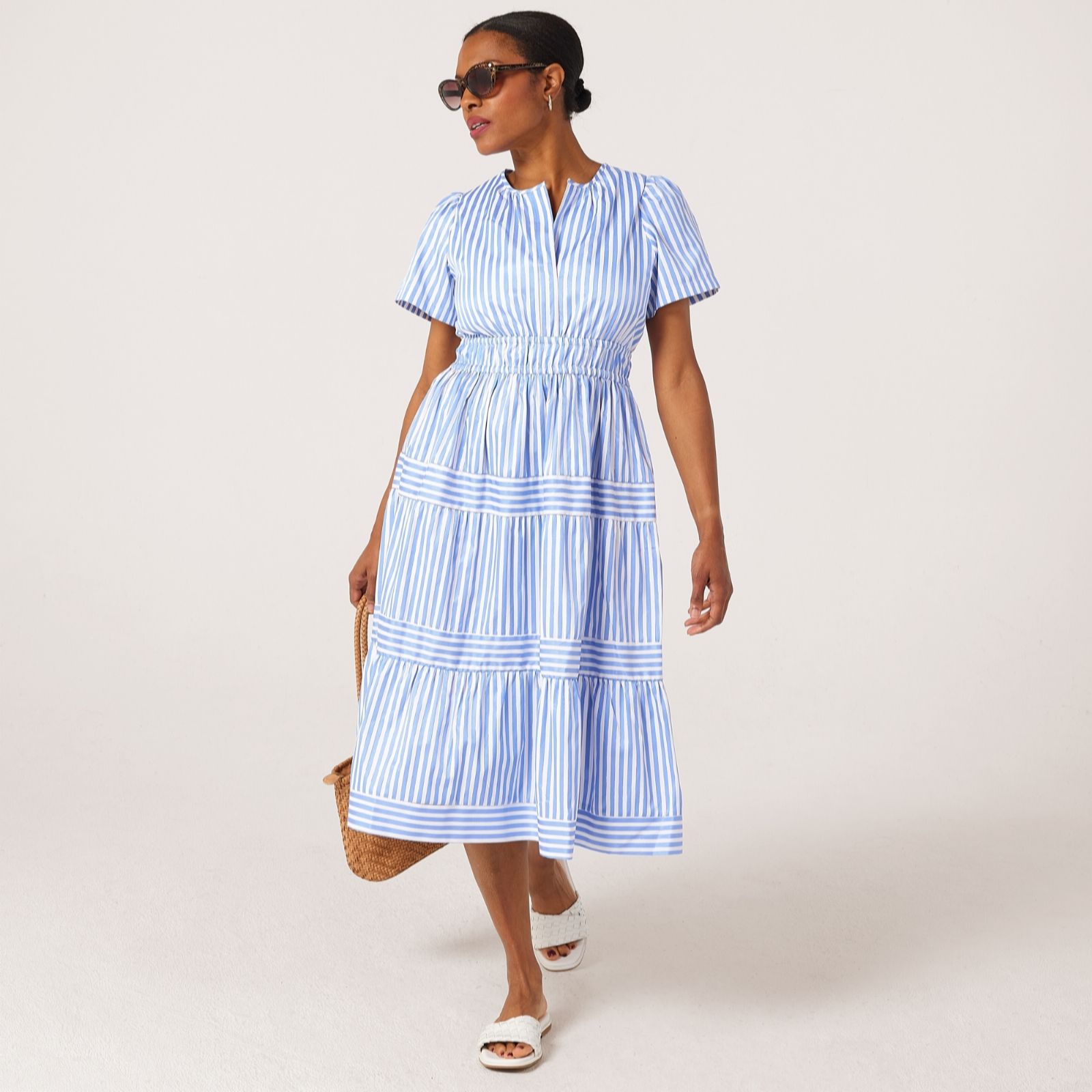 Helene Berman Blue Tiered Lurex Striped Midi Dress