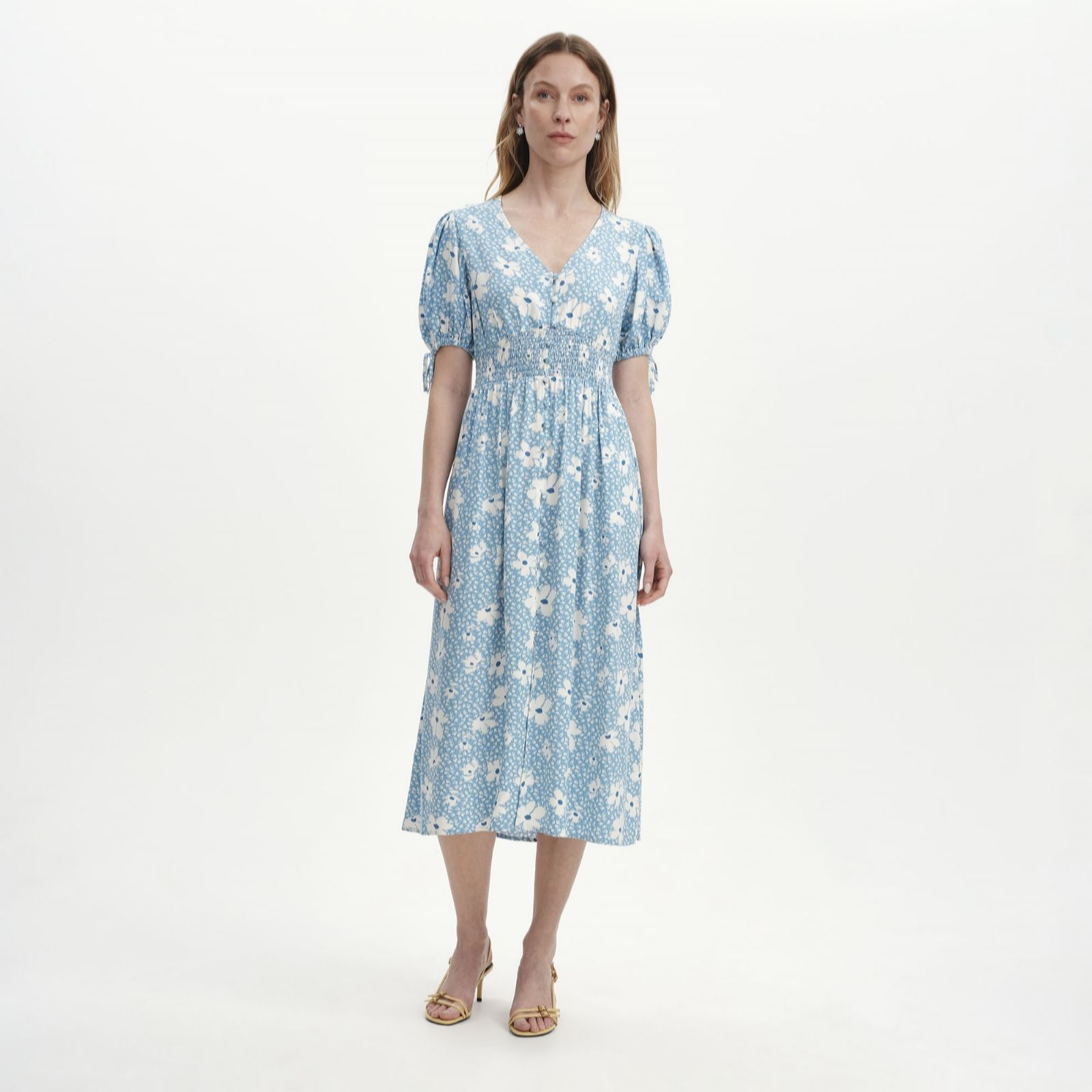 Margot Blue Ditsy Puff Sleeve Button Through Midi Dress Size: 8P