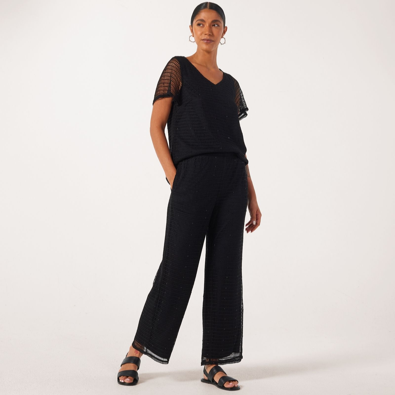 Nina Leonard White Wide Leg Trouser In Novelty Knit With Lining