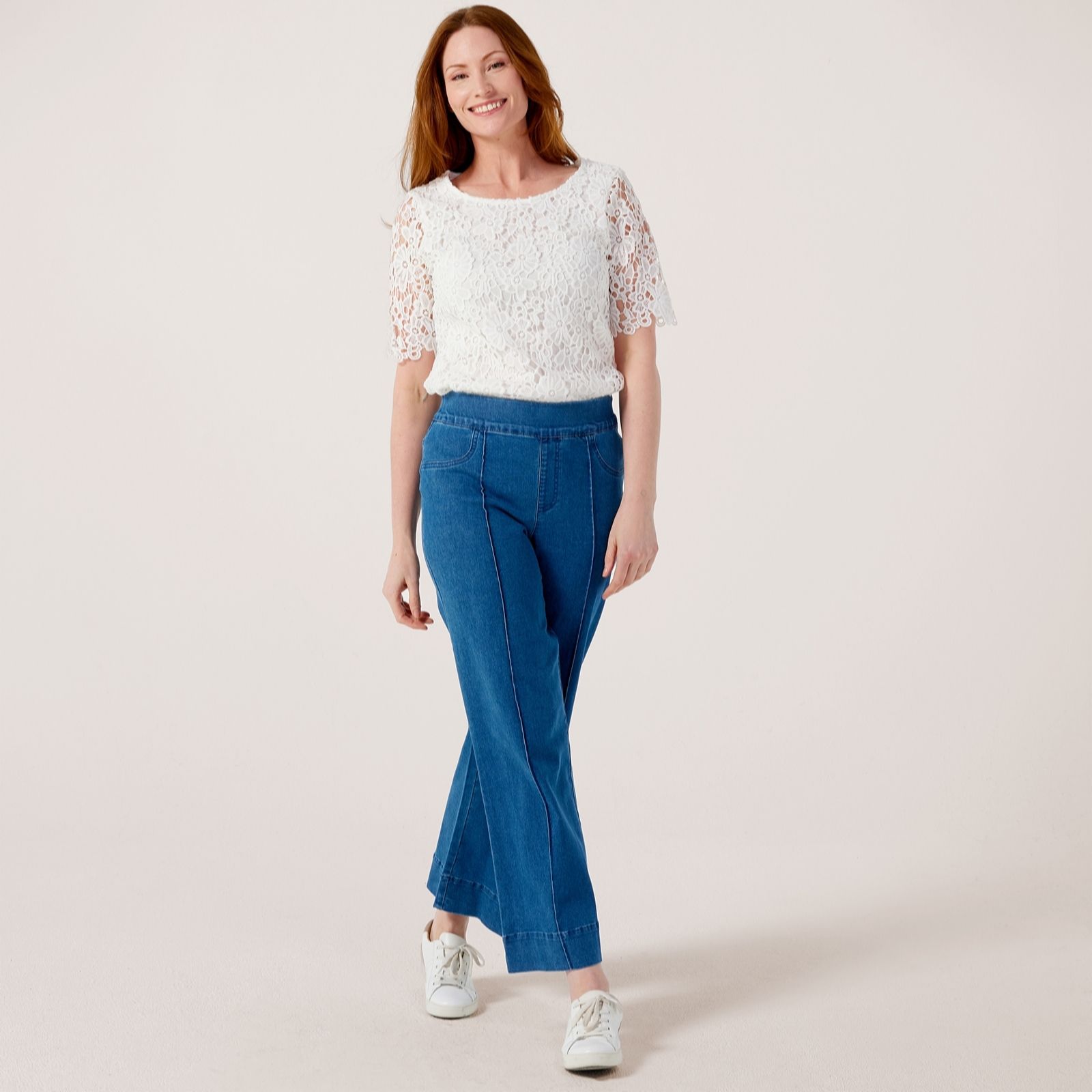 Nina Leonard Navy Elbow Sleeve Round Neck Lace Top