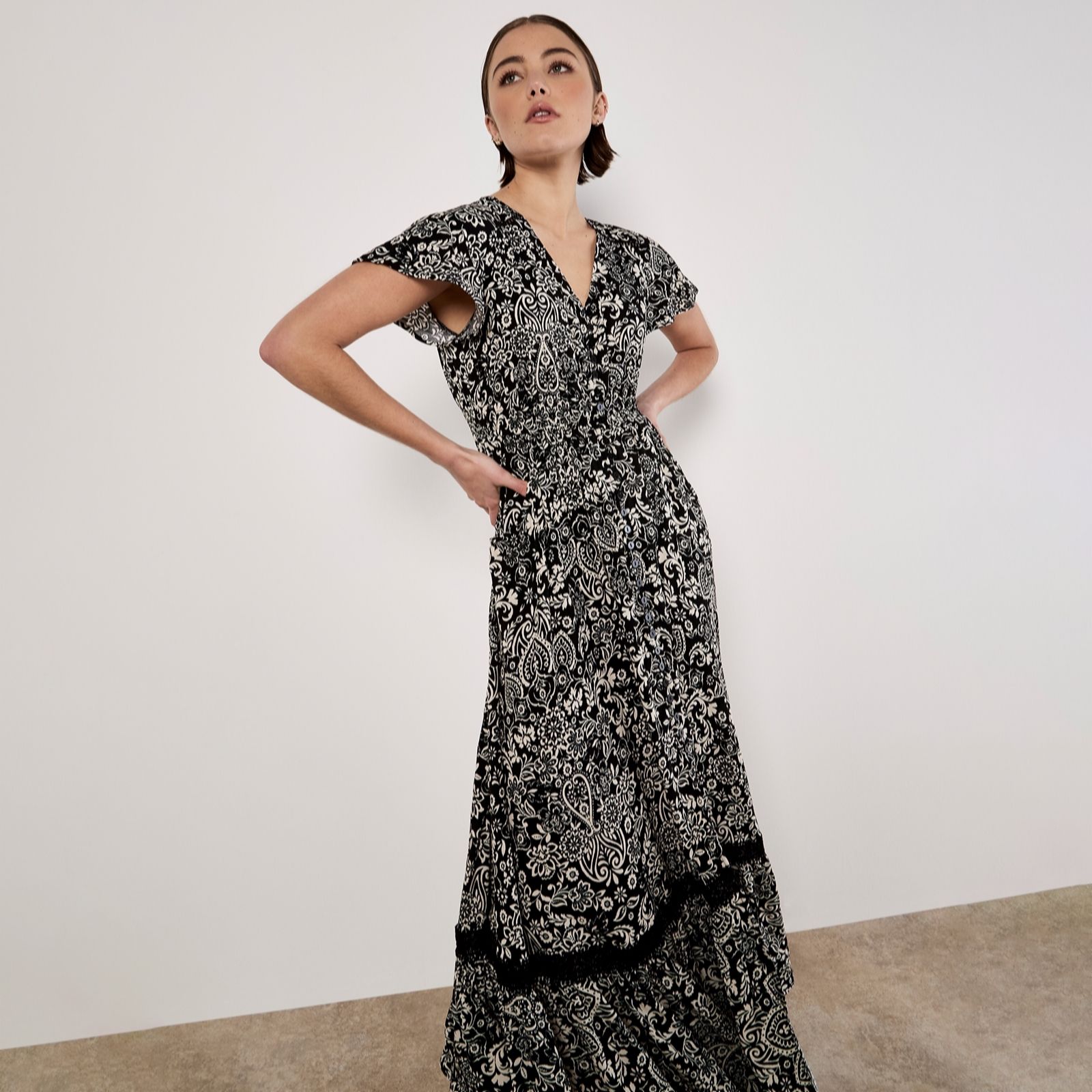 Apricot Printed Crochet Maxi Dress