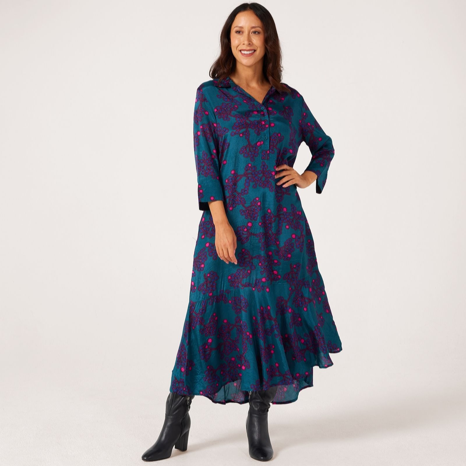 Masai Copenhagen Loden Green Nimuene Printed Classic Viscose 3/4 Sleeve Dress