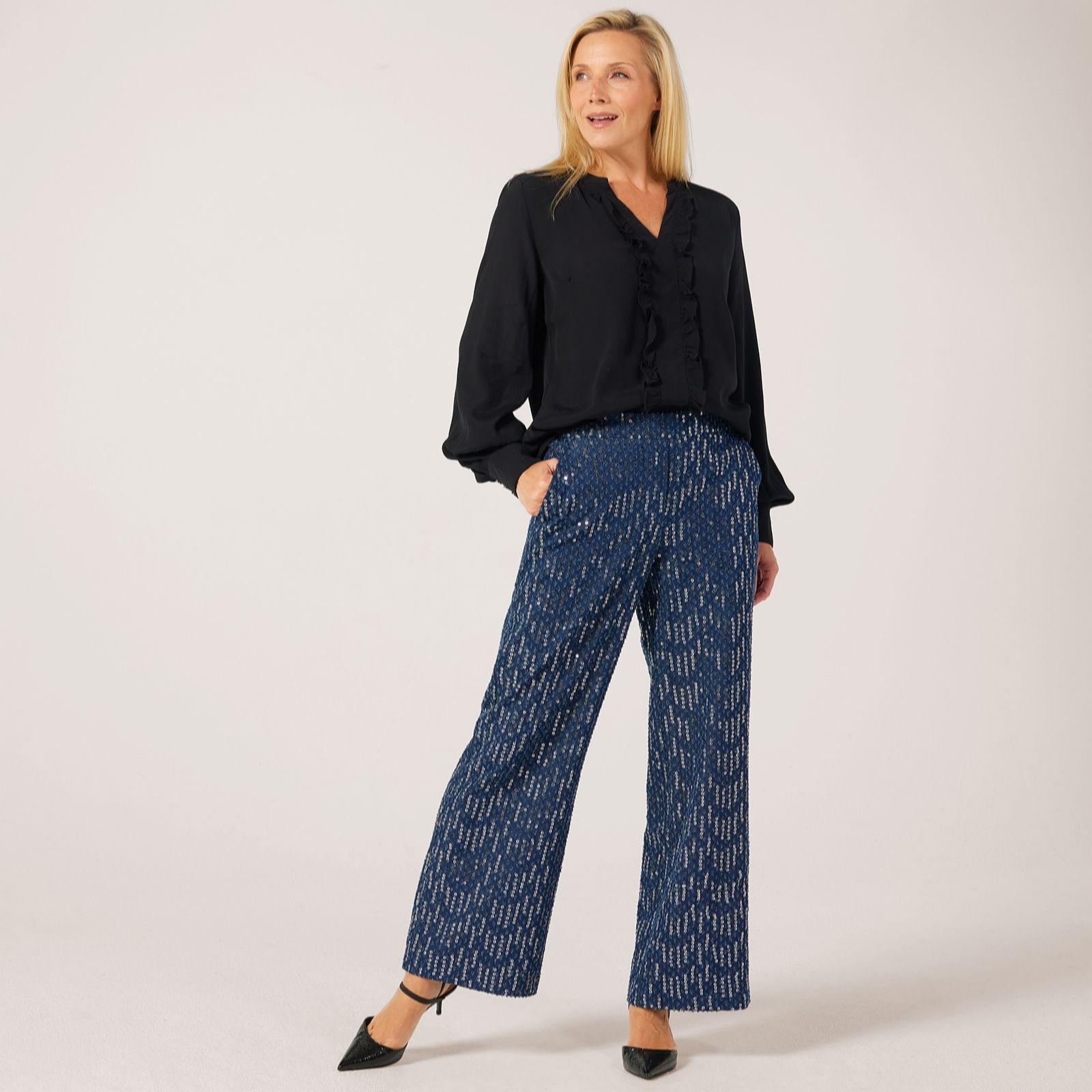 Helene Berman Sequin Diamond Dark Denim Sequin Trousers