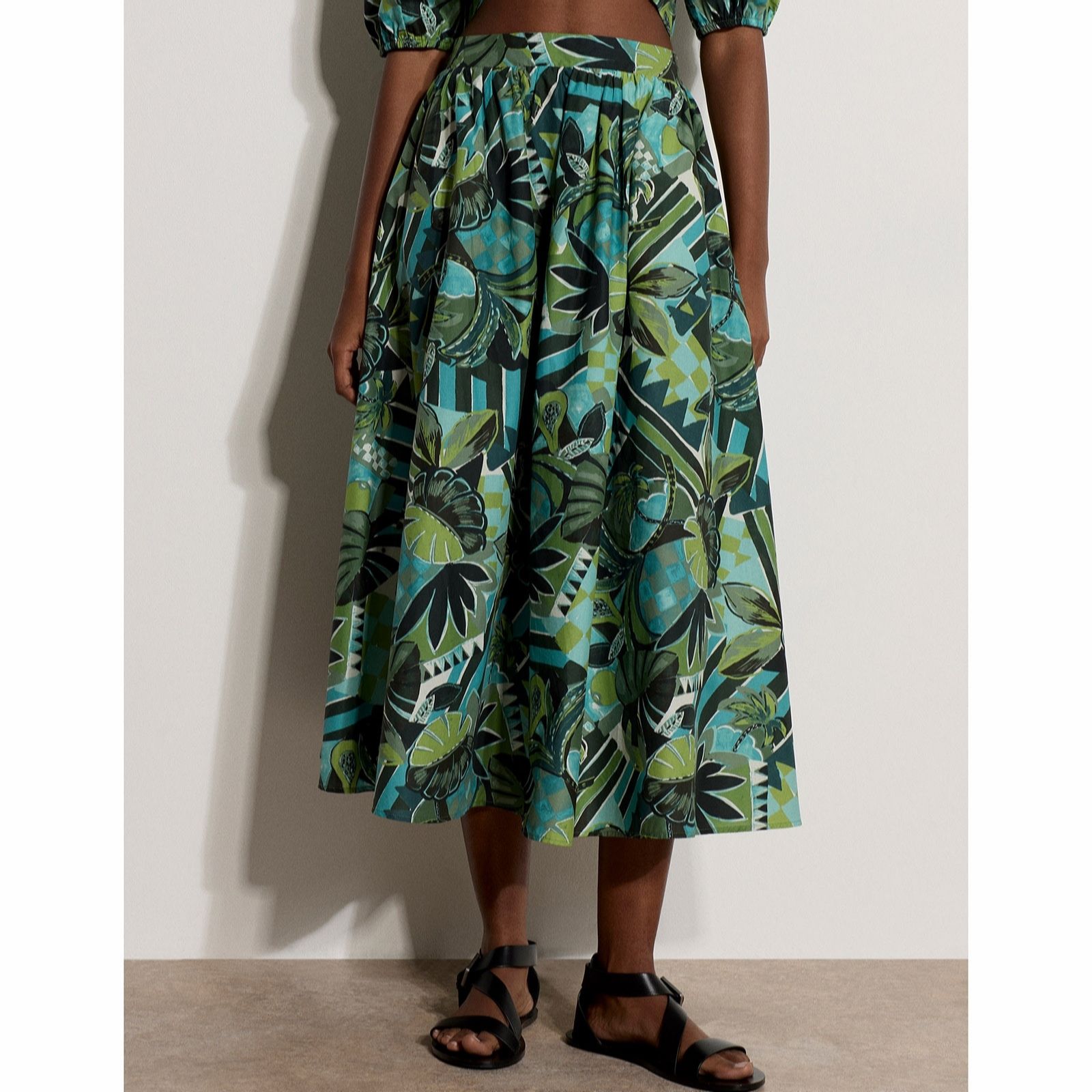 Apricot Turquoise Tropical Leaf Patchwork Cotton Midi Skirt